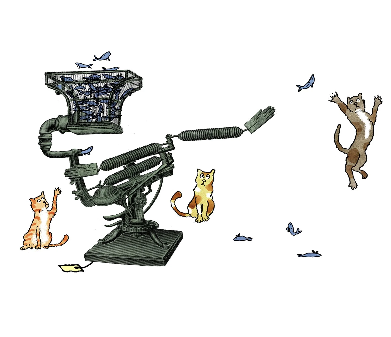 A mechanical sardine launcher feeding cats, humorous illustration from children's book. 