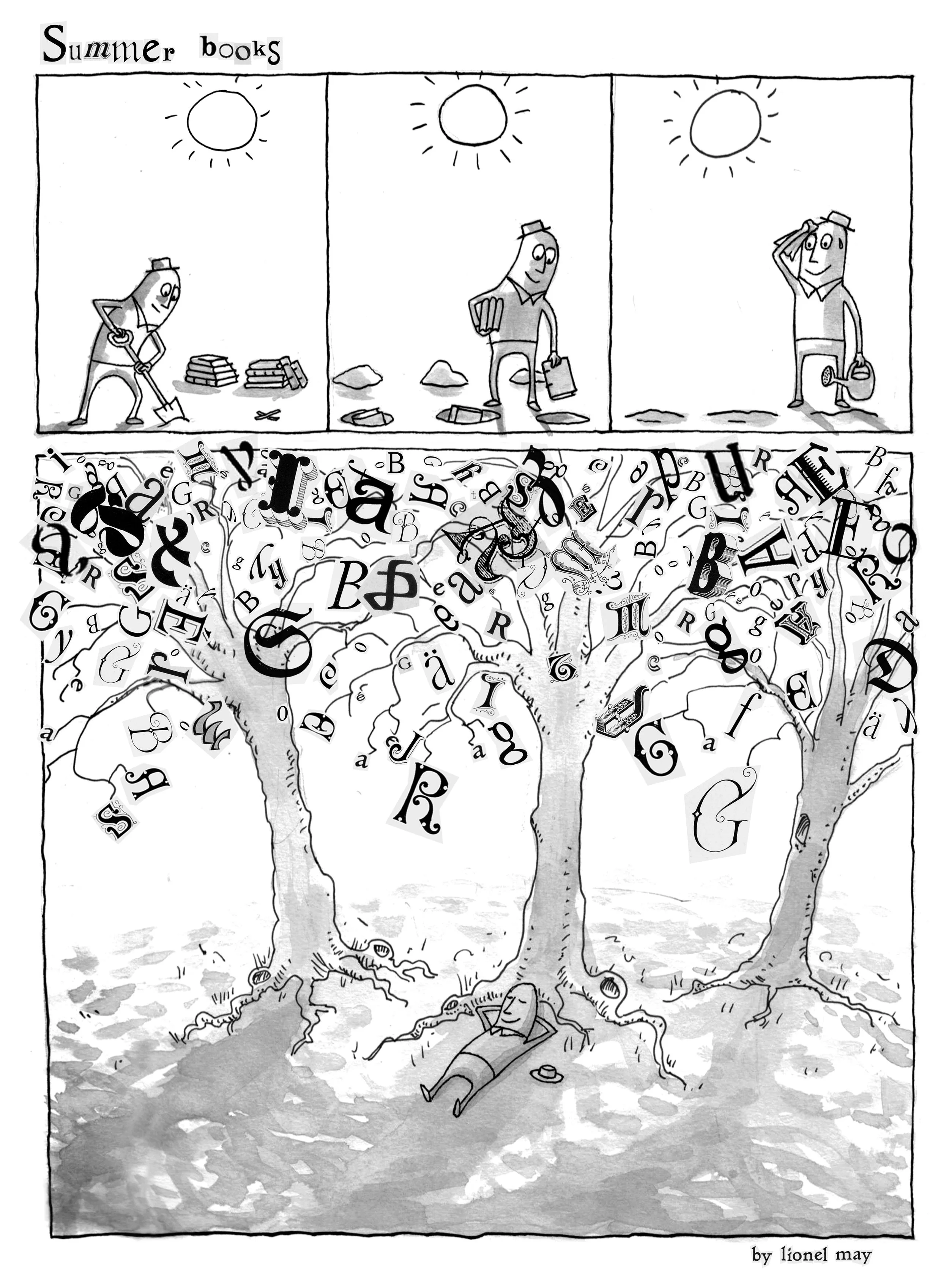 One page comic, funny cartoon illustration, black and white ink comic art