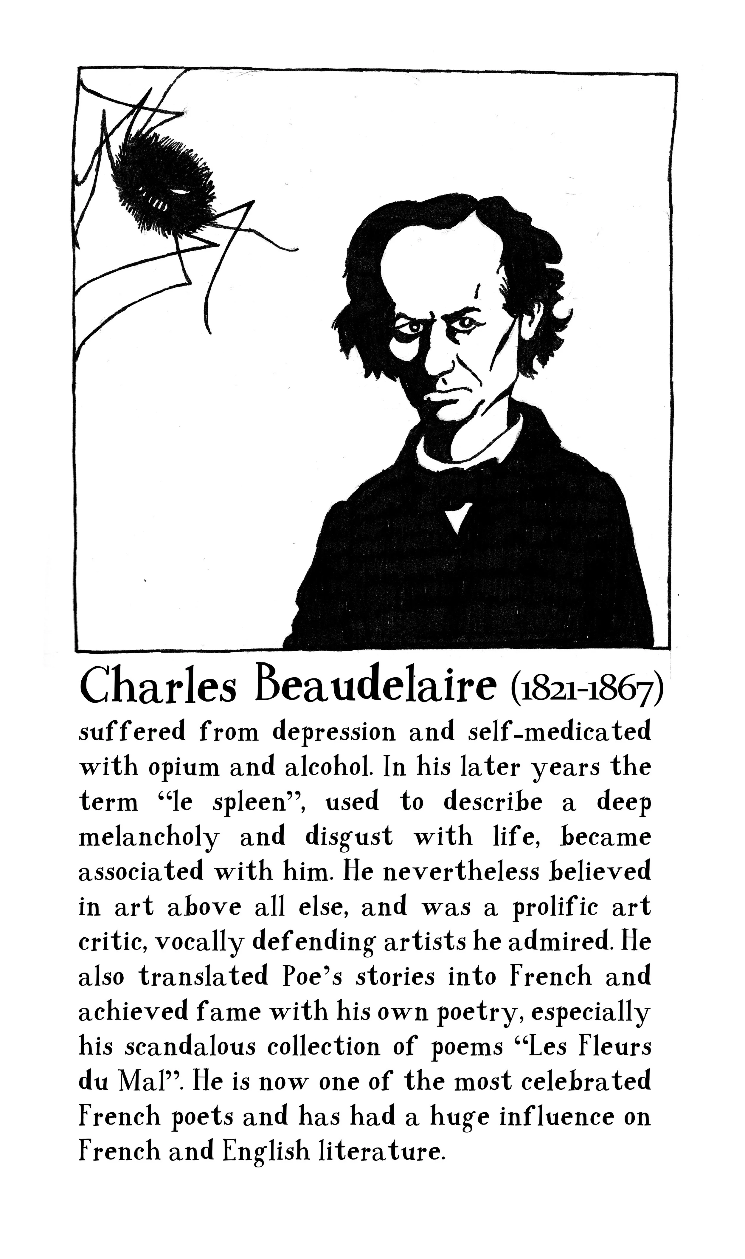 An ink drawing of Beaudelaire, the famous poet.