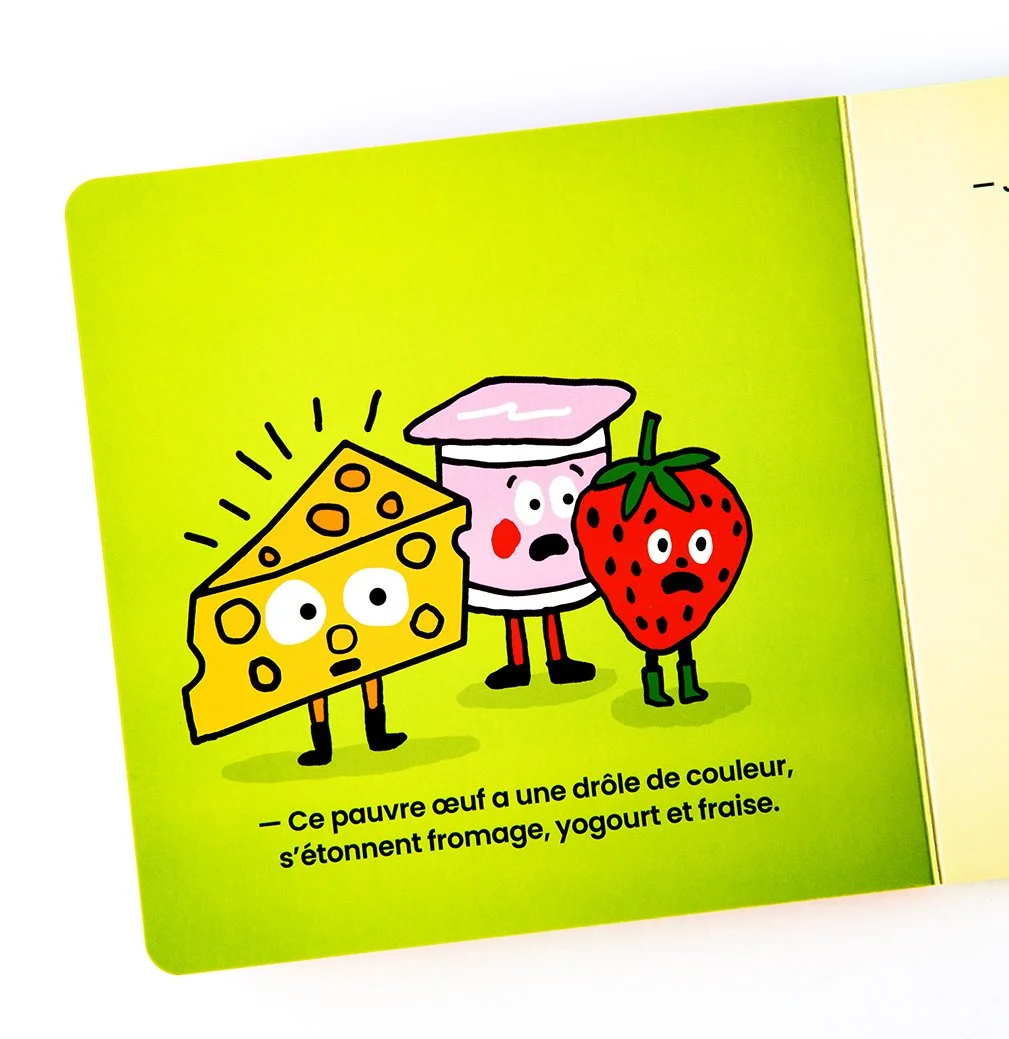 A brightly colored page from a picture book called The Sick Egg, by Lionel May
