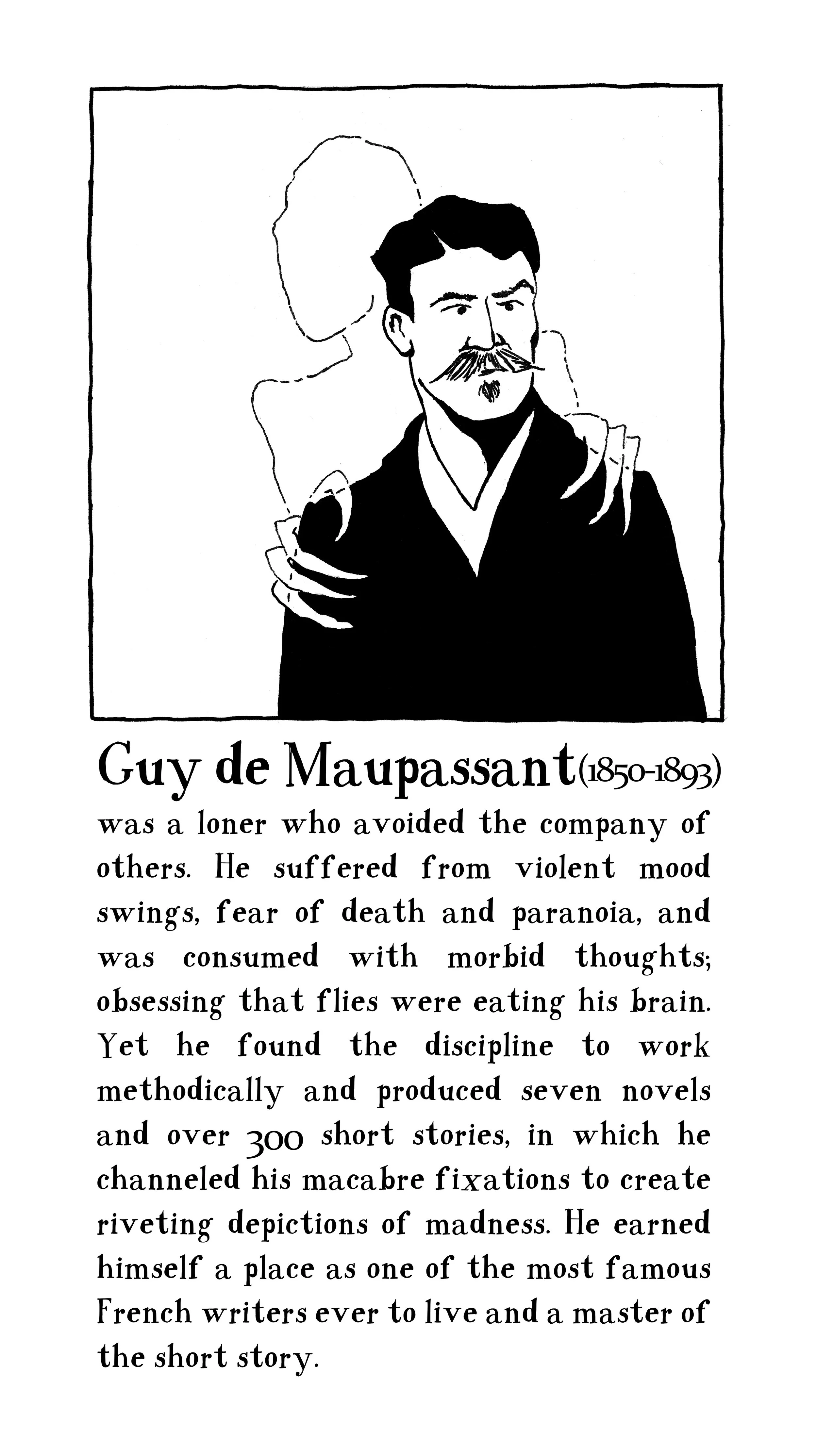 Illustrated portrait of Guy de Maupassant with his creature The Horla.