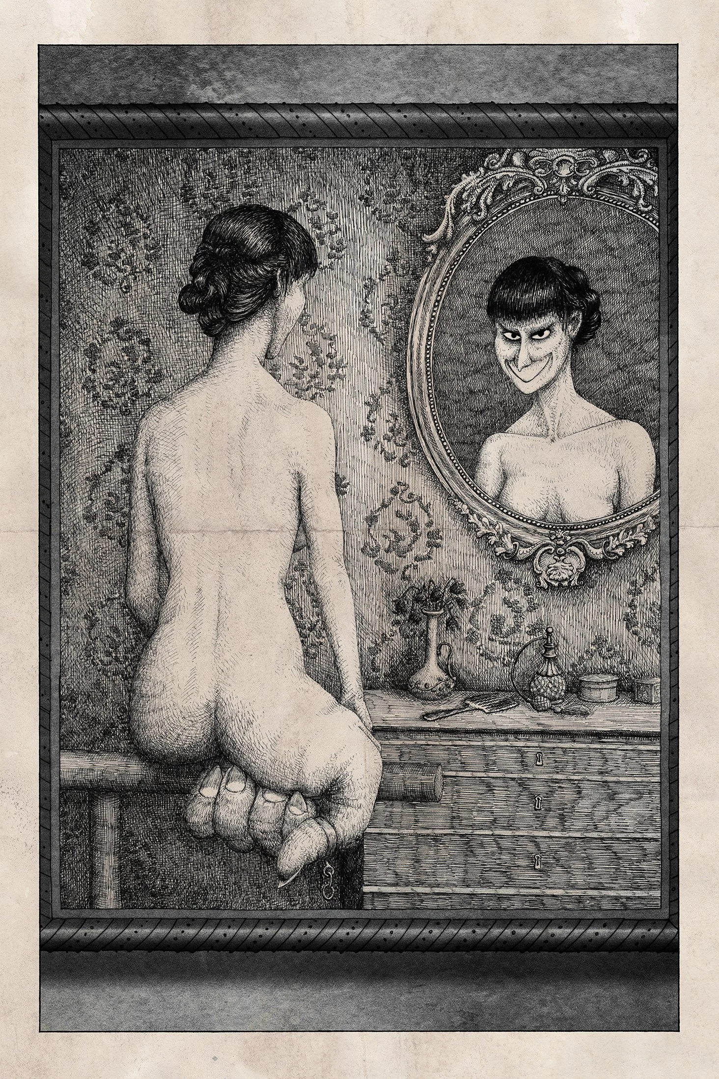 Intricate cross hatching illustration of a monstrous chimera, a bird-like woman with menacing expression