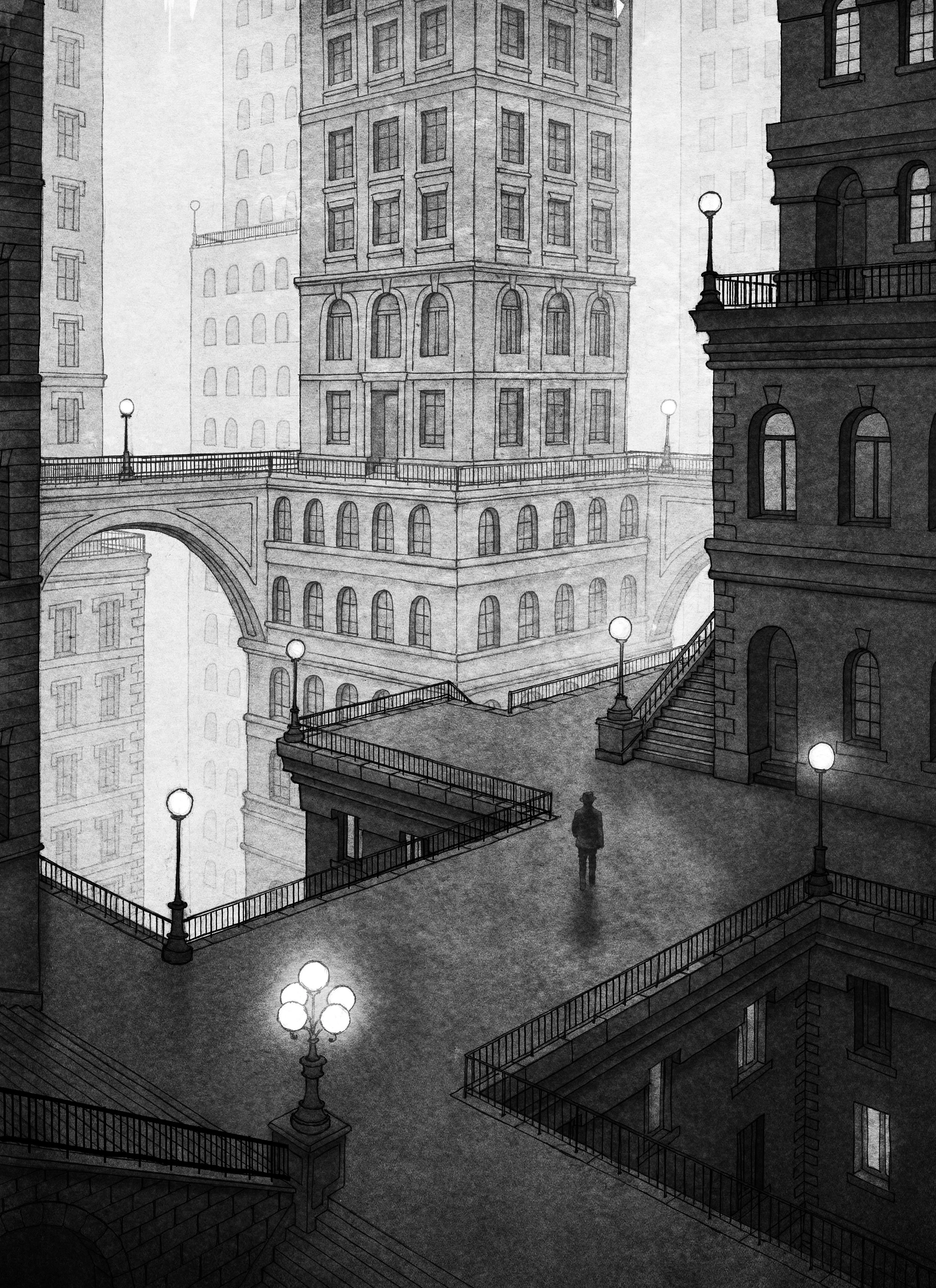 Architecture illustration set in the world of Utropiia, cityscape drawing, early morning view of Utropiia with huge skyscrapers and infinite vistas.