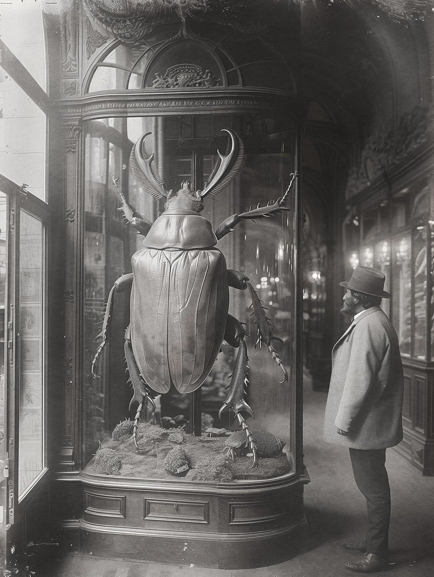 Giant insect in a glass display case, imaginary museum, vintage black and white photo  