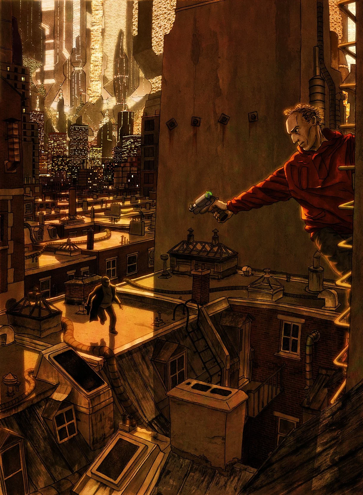 Full page illustration, sci-fi city at night with rooftop chase scene, detective in foreground about to shoot pursuer