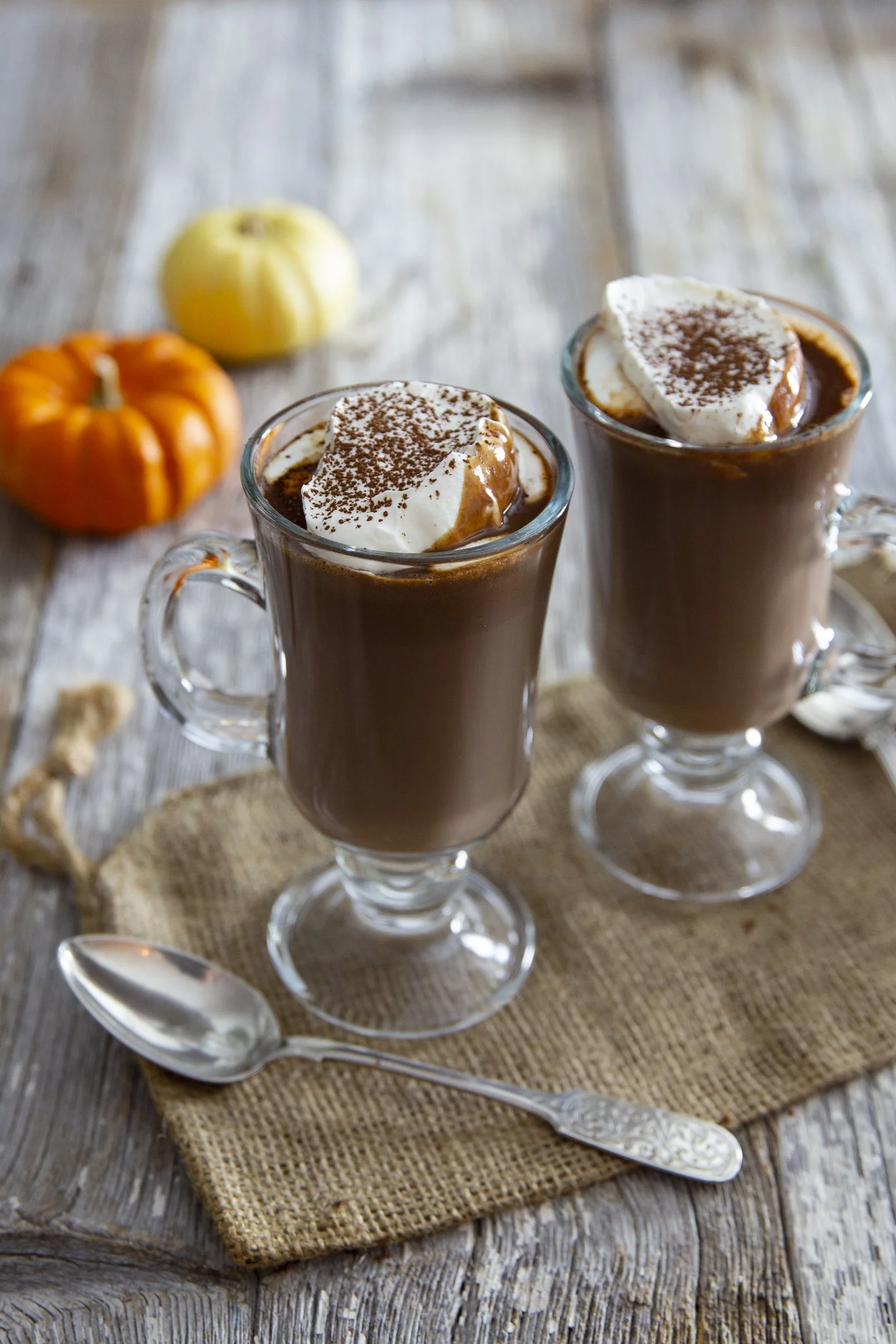 Pumpkin spiced hot chocolates topped with whipped cream and sprinkled with cocoa on rustic wooden table