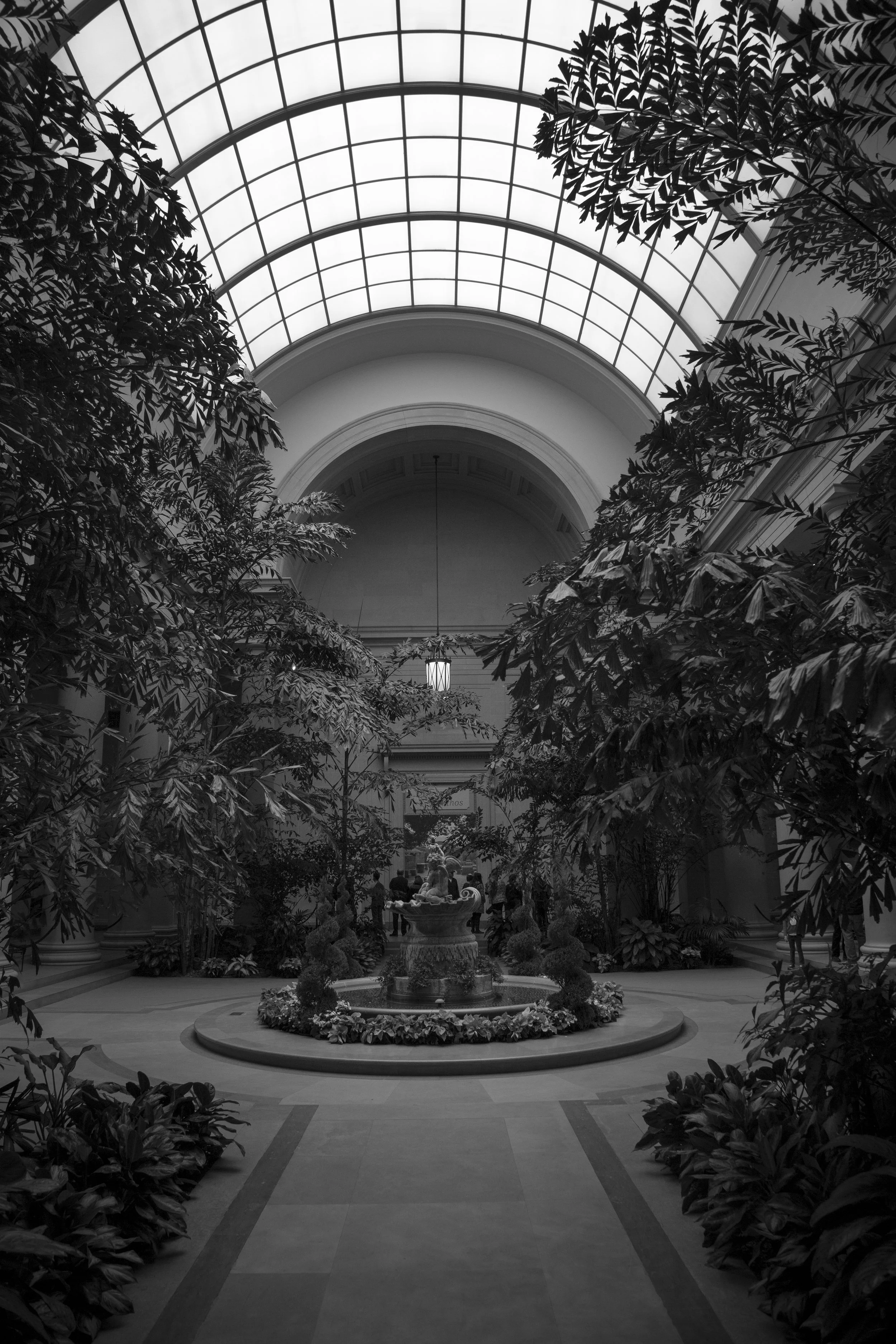 Beautiful neo-classical architecture with dramatic glass ceiling above a fountain surrounded by trees, architectural photography by Lionel May