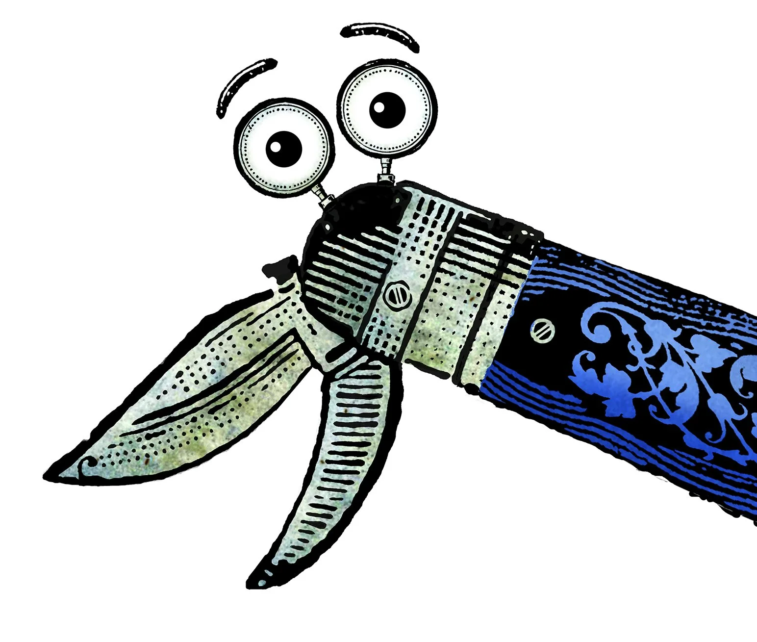 Close-up of a smiling mechanical bird, children's book illustration