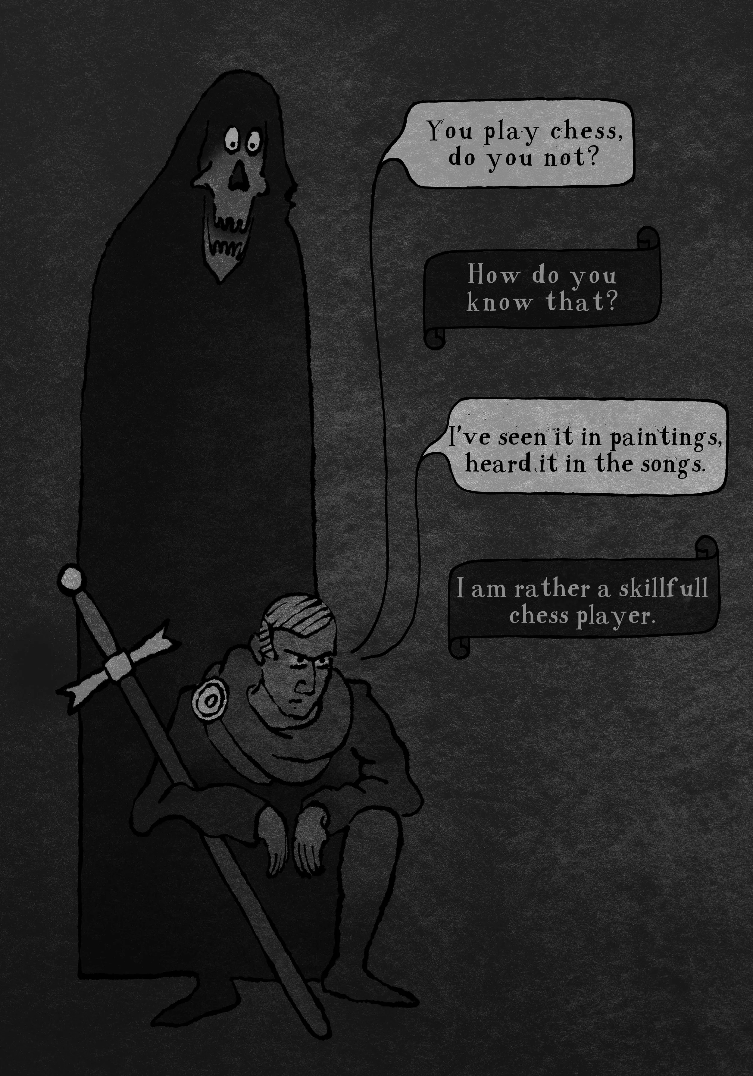 Drawing inspired by the Seventh Seal by Ingmar Bergman showing death and the knight, moody black and white drawing