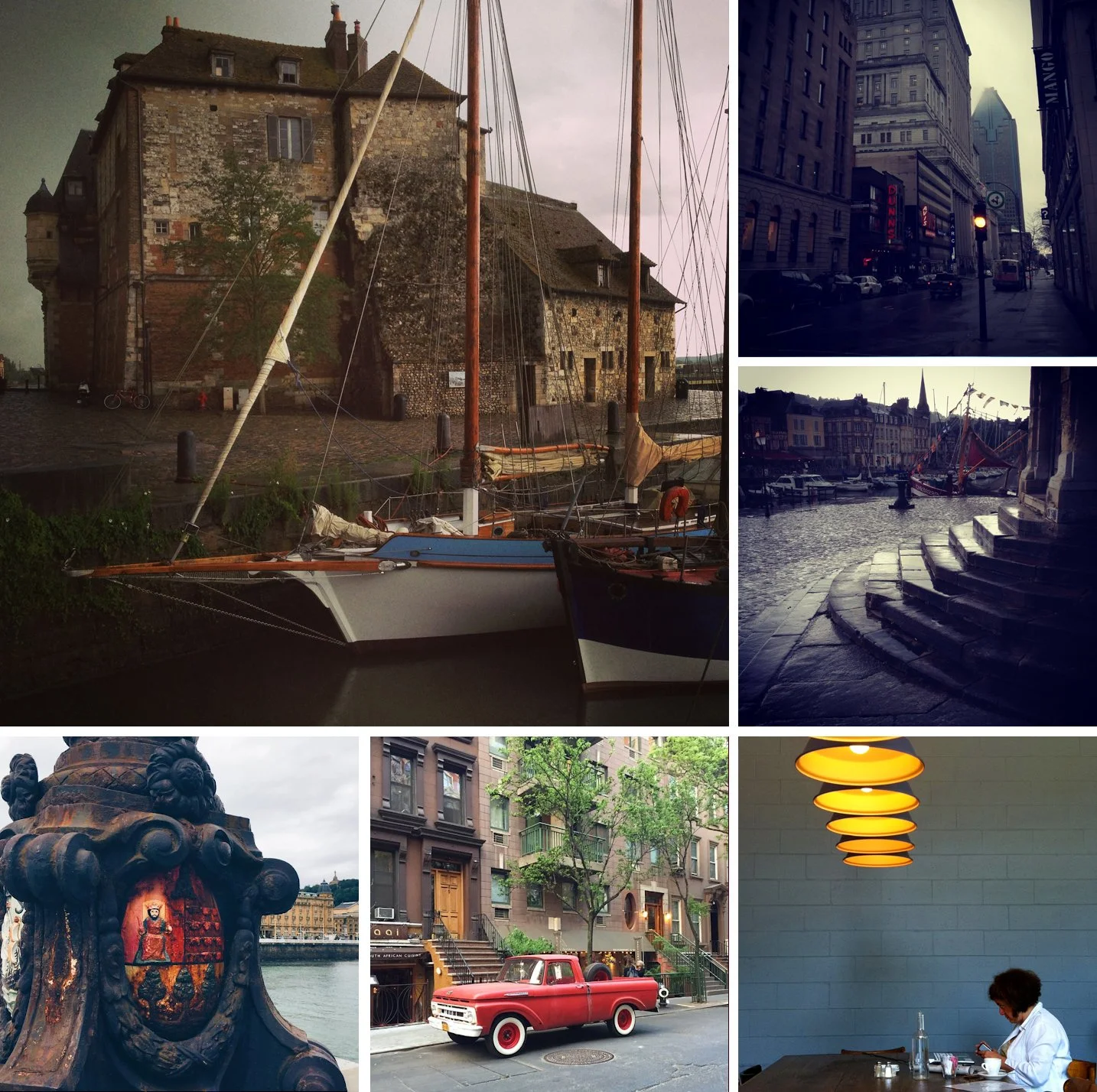 Grid of colorful photos showing European streets, ports with boats, vintage cars and architectural details