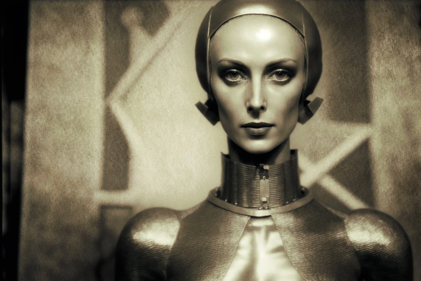 An elegant mechanical host, robotic worker in a vintage sepia photo