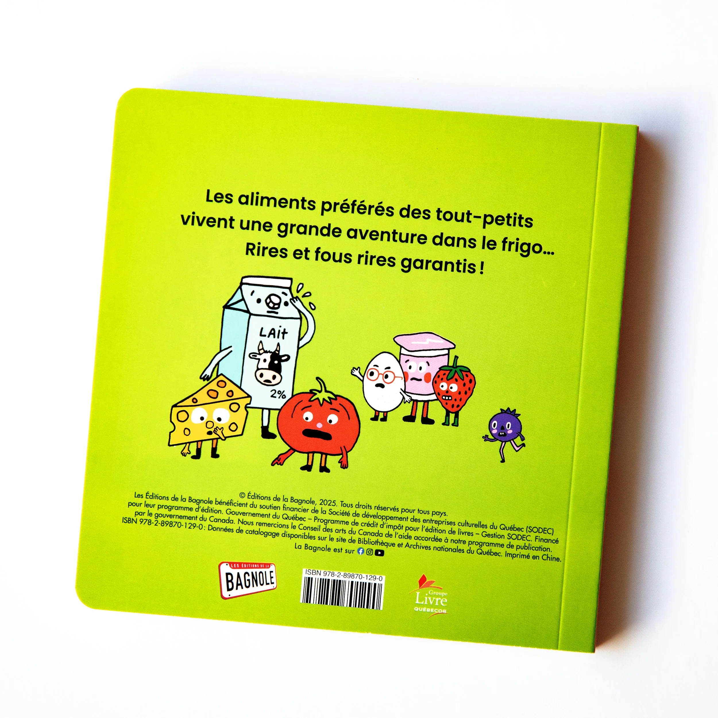 Back cover of picture book showing cartoonish tomato, cheese, milk egg and foodstuff