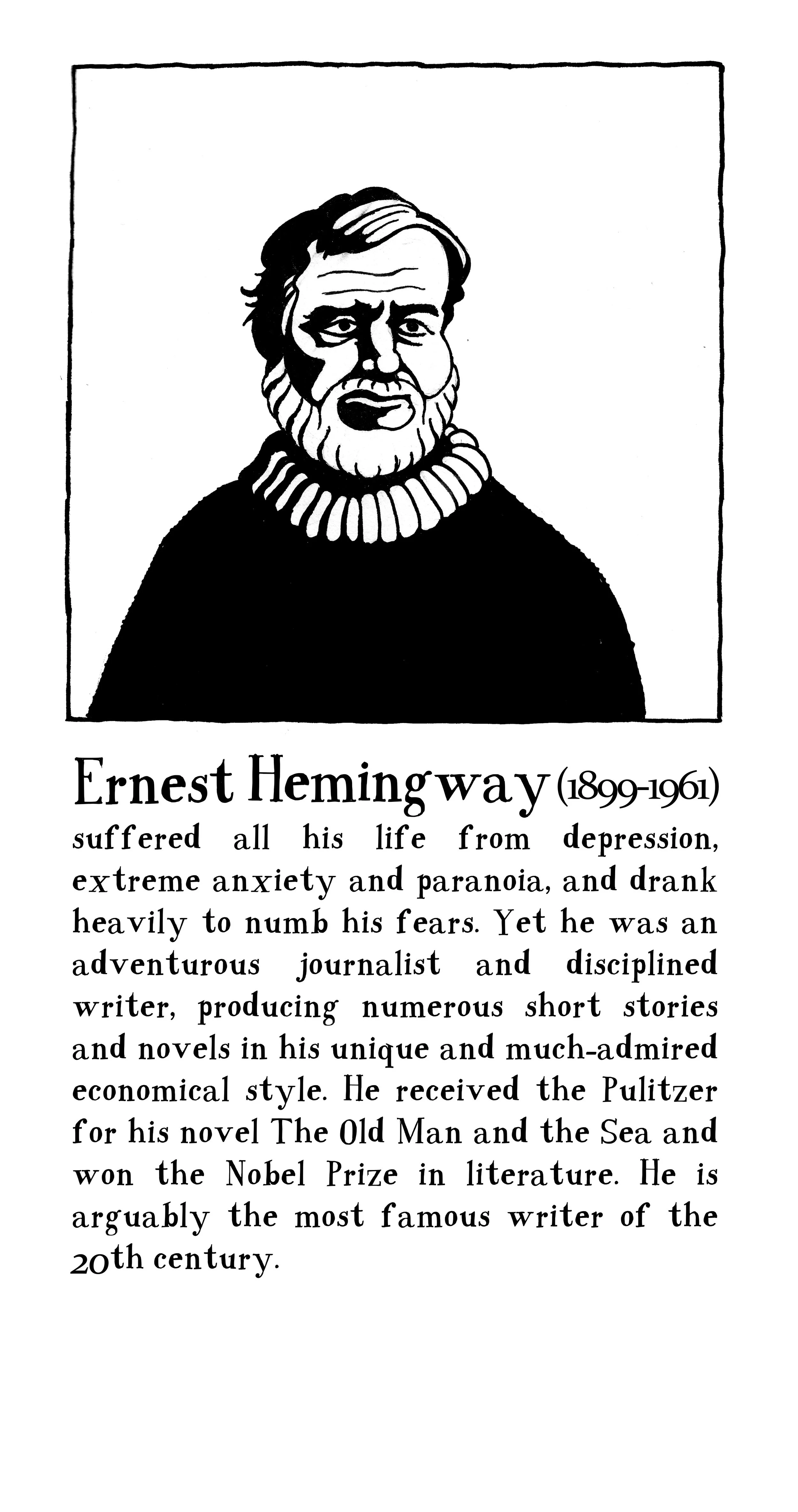 Ernest Hemingway, depicted in a black and white ink portrait. 