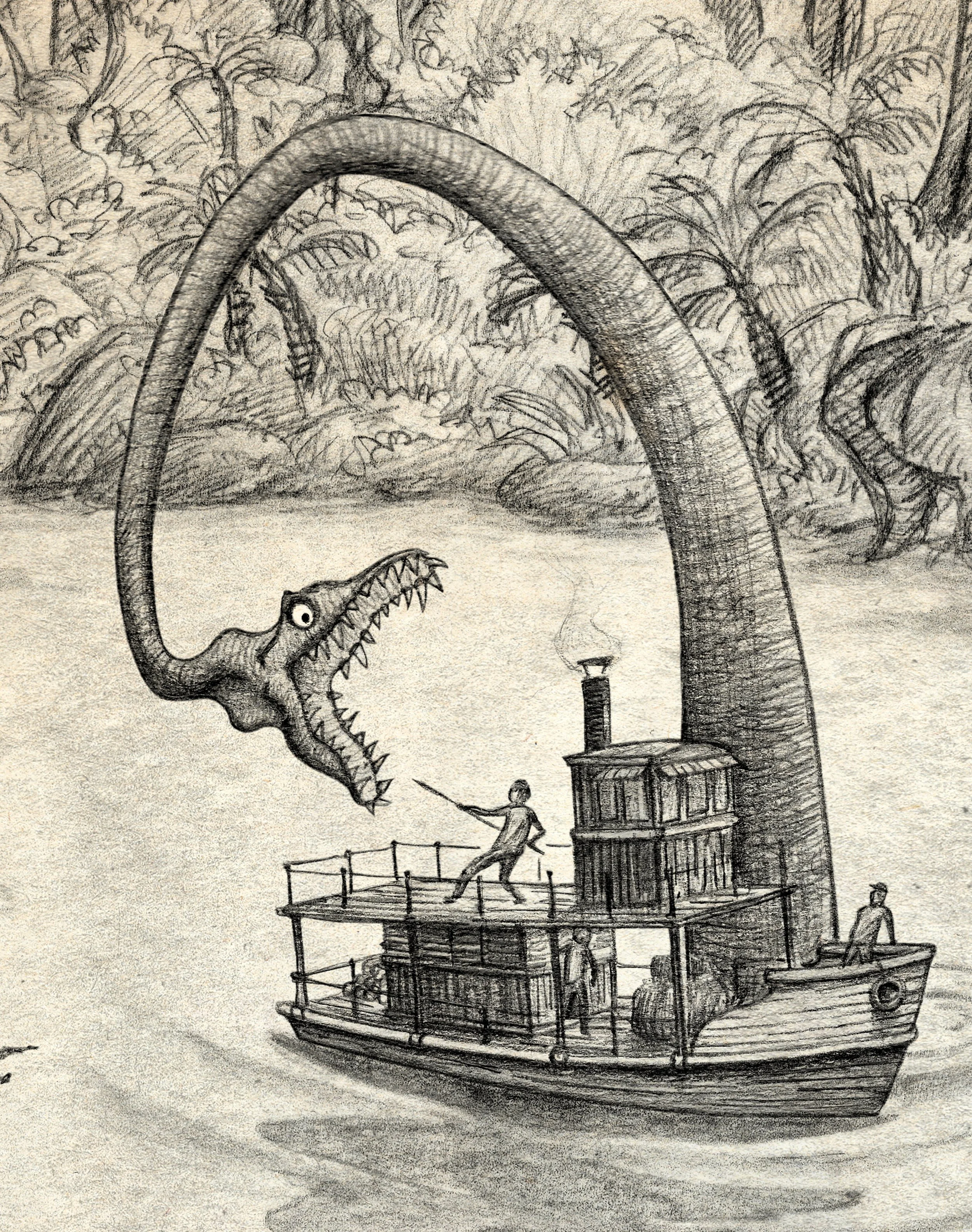 Detail of dinosaur fantasy illustration by Lionel May