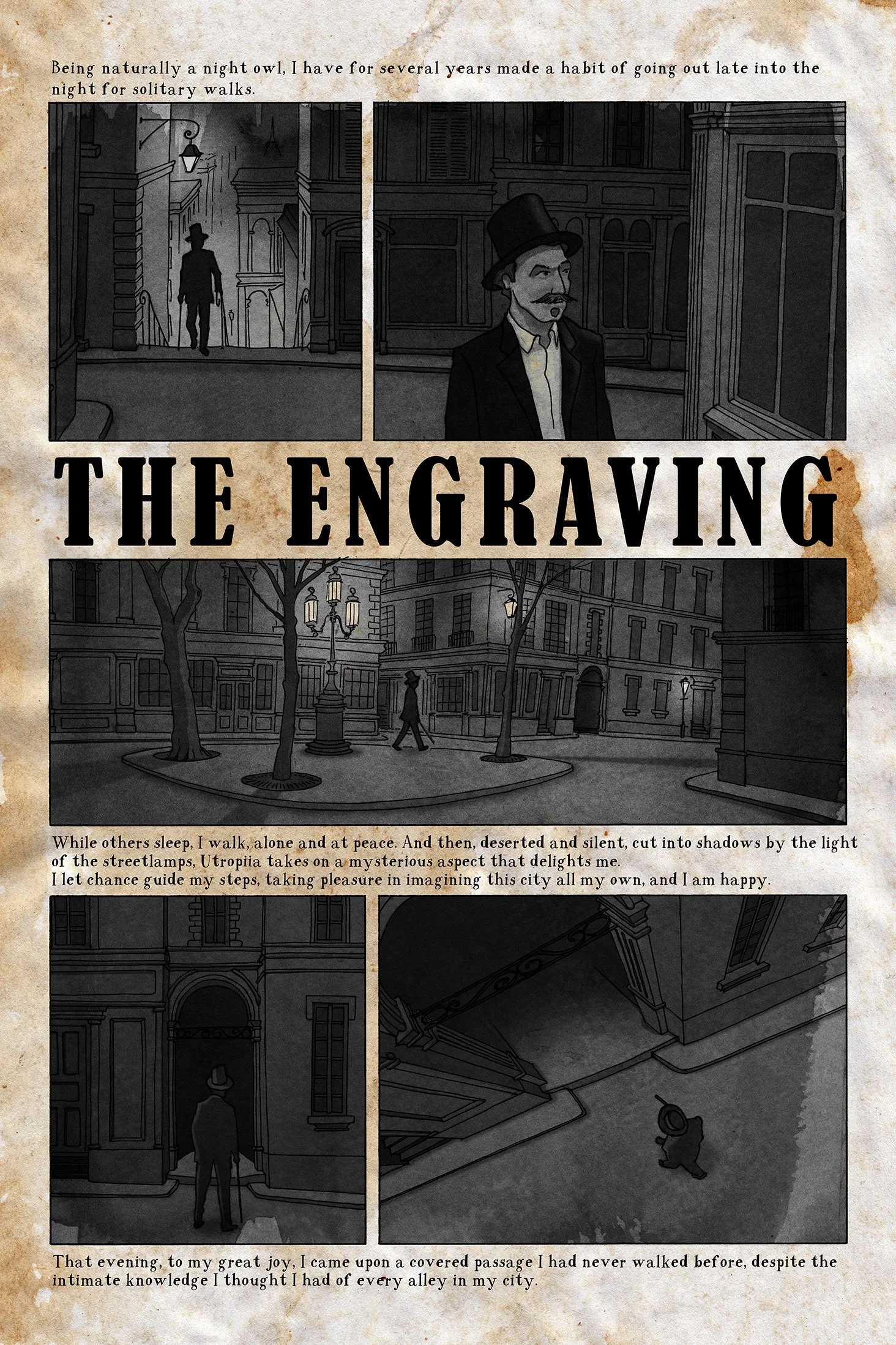 A graphic novel page with the title "The Engraving", moody city streets at night