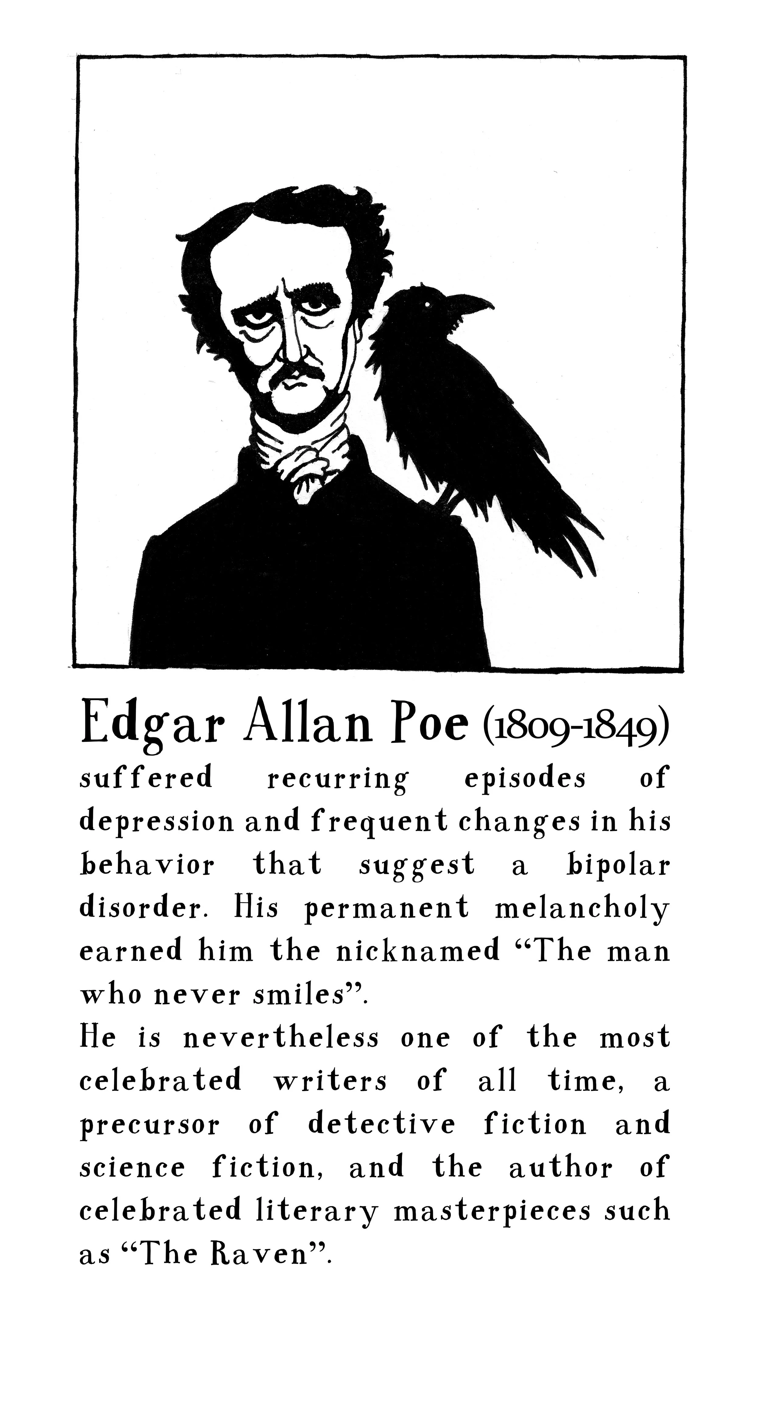Portrait in black and white of Edgar Allan Poe and his raven