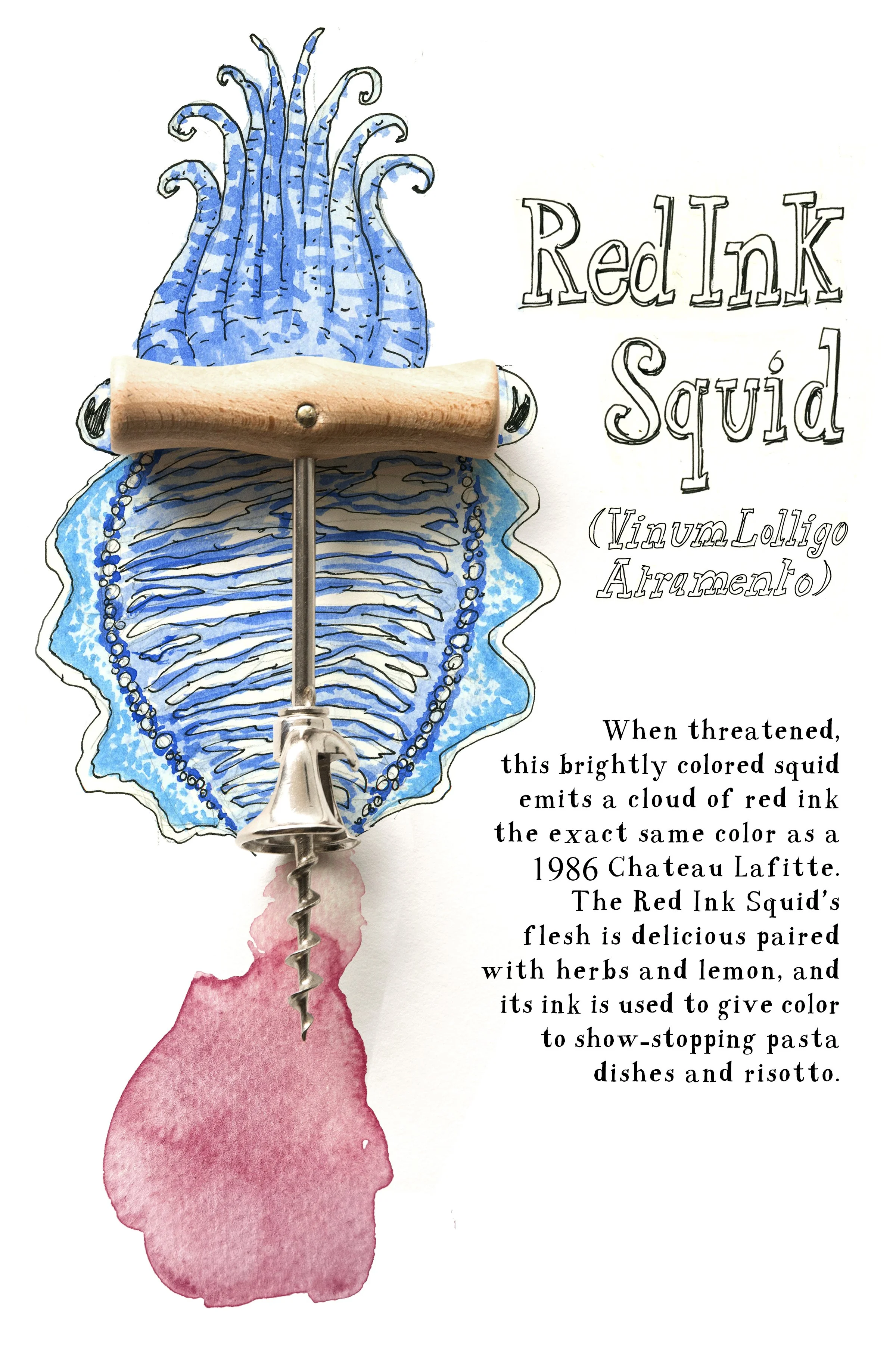 Drawing with object of a squid, funny drawing of imaginary animal with invented backstory