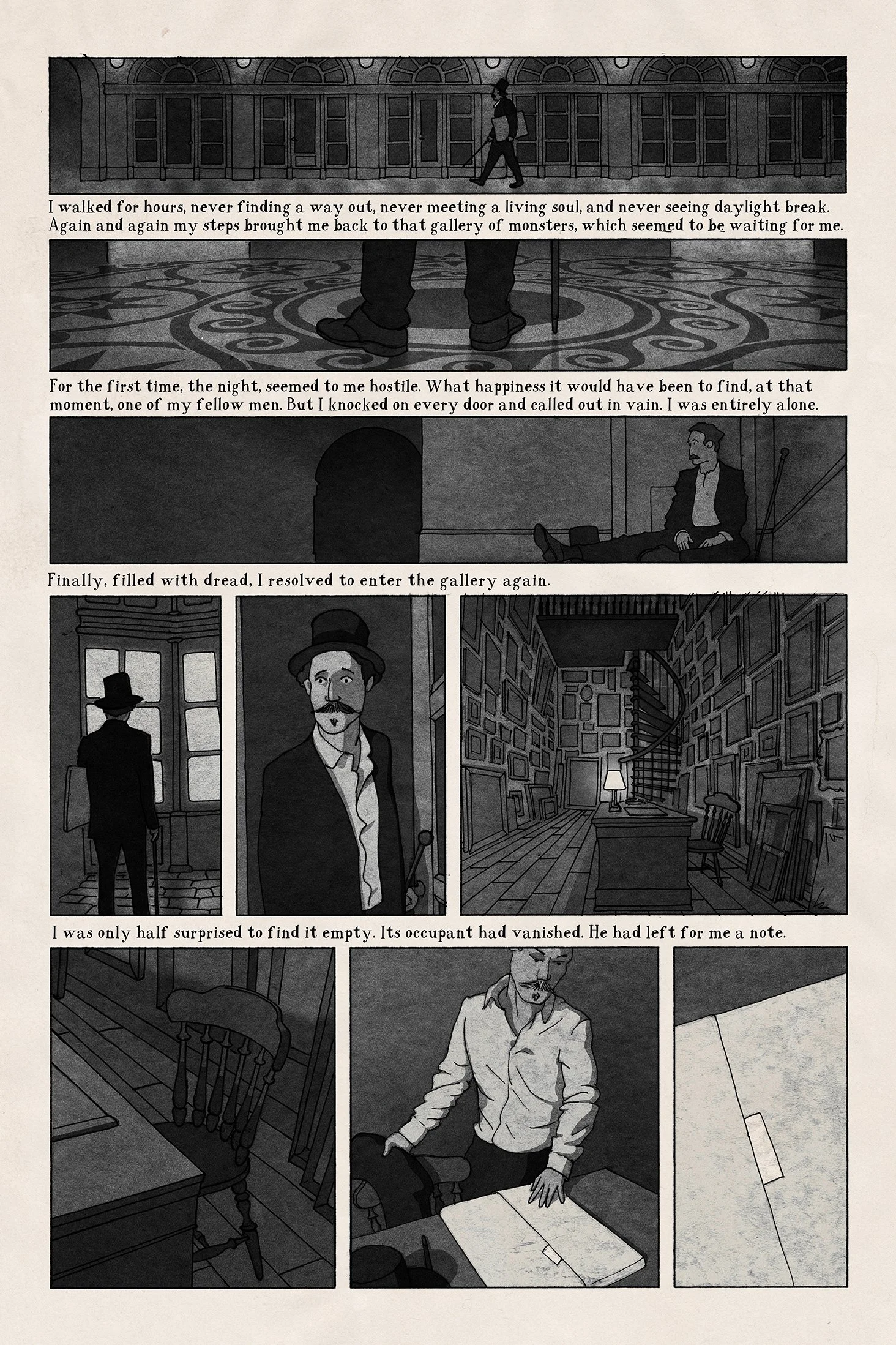 Sequential black and white comic art, showing a lost man trying to escape a dizzying city