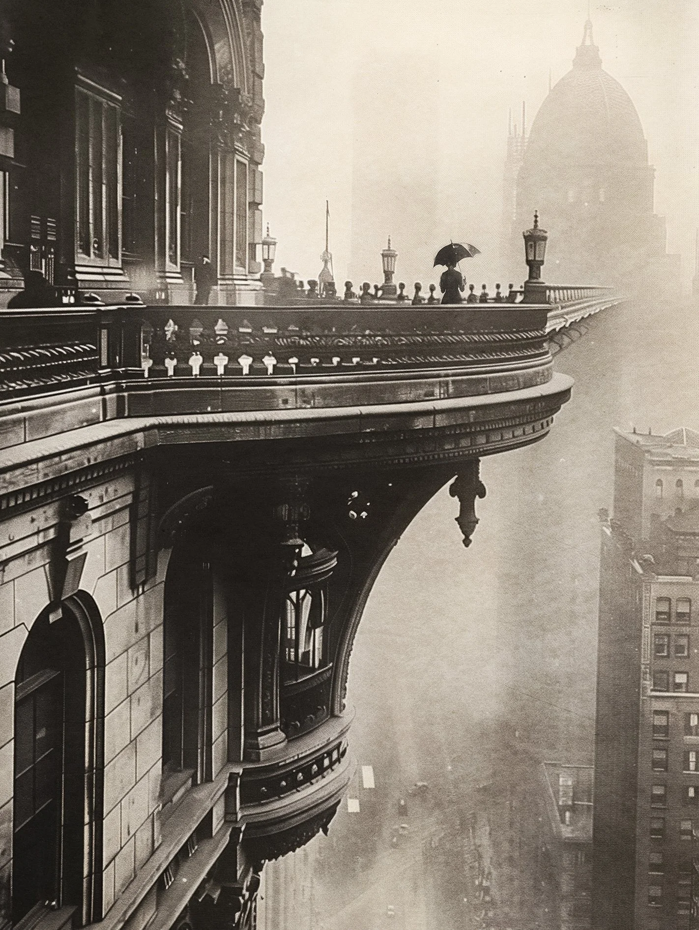 A lone woman looks out over a beautiful science fiction city of skyscrapers, vintage retro style, black and white photo