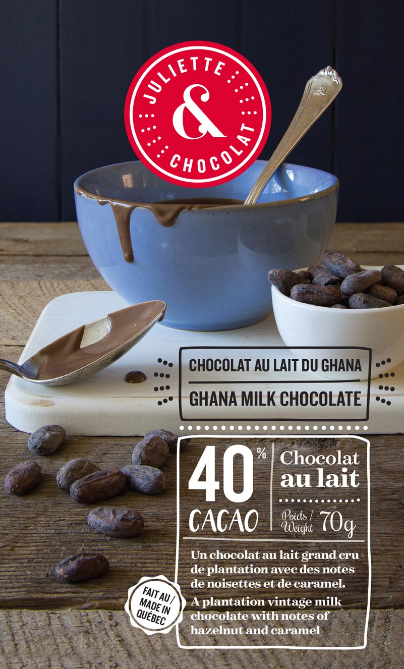 Chocolate bar packaging for 40% cocoa milk chocolate by Juliette & Chocolat