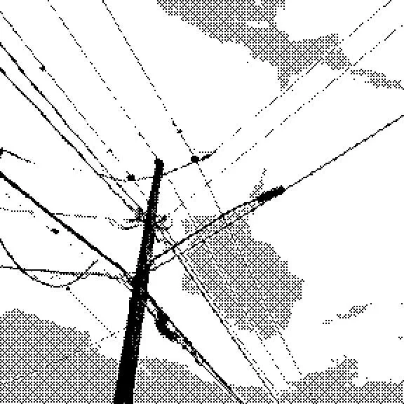 Pole and electric lines against the sky, abstract shapes in black and white