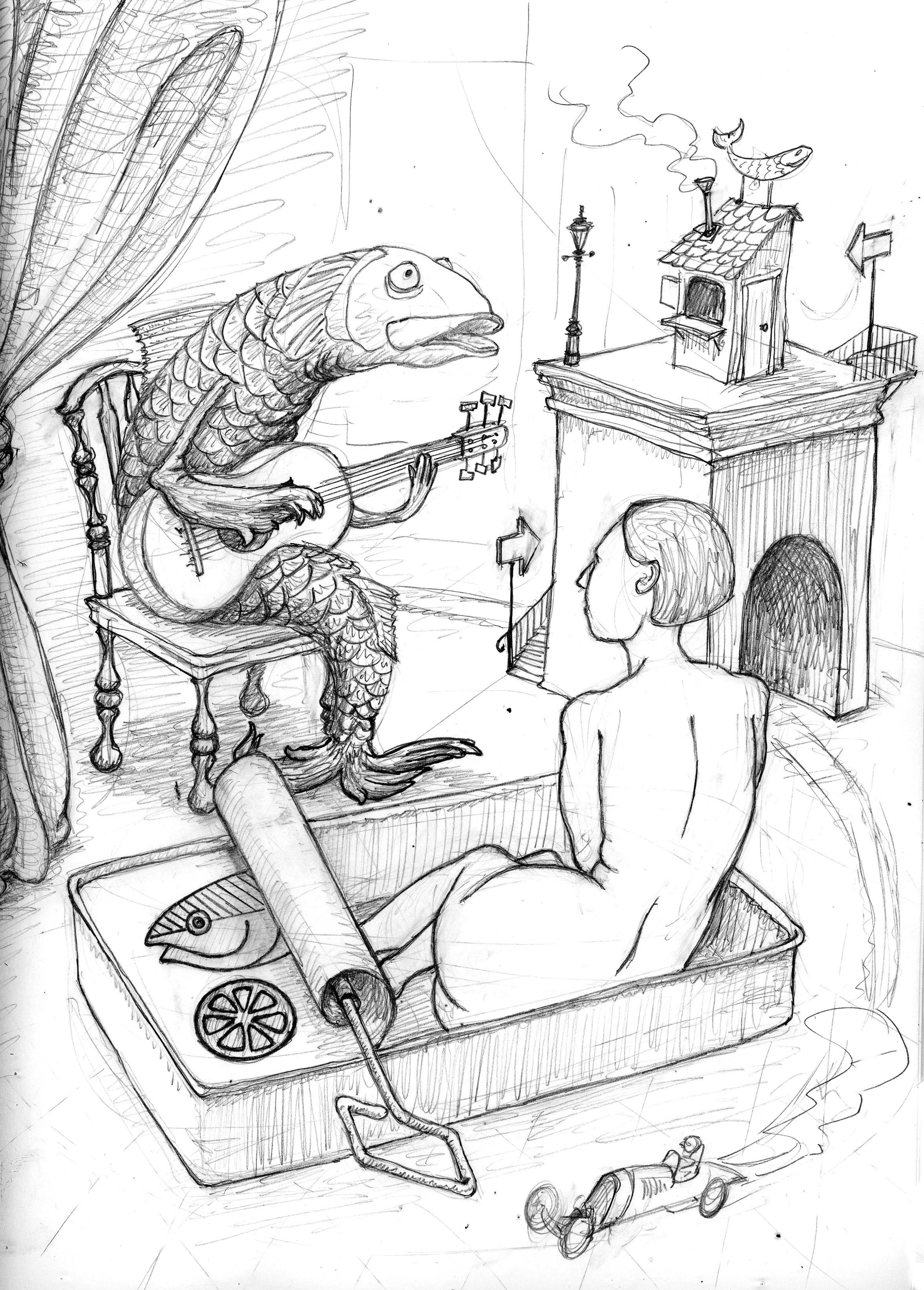 Detailed pencil drawing, surreal scene with sardine playing the guitar to woman sitting in sardine can. 