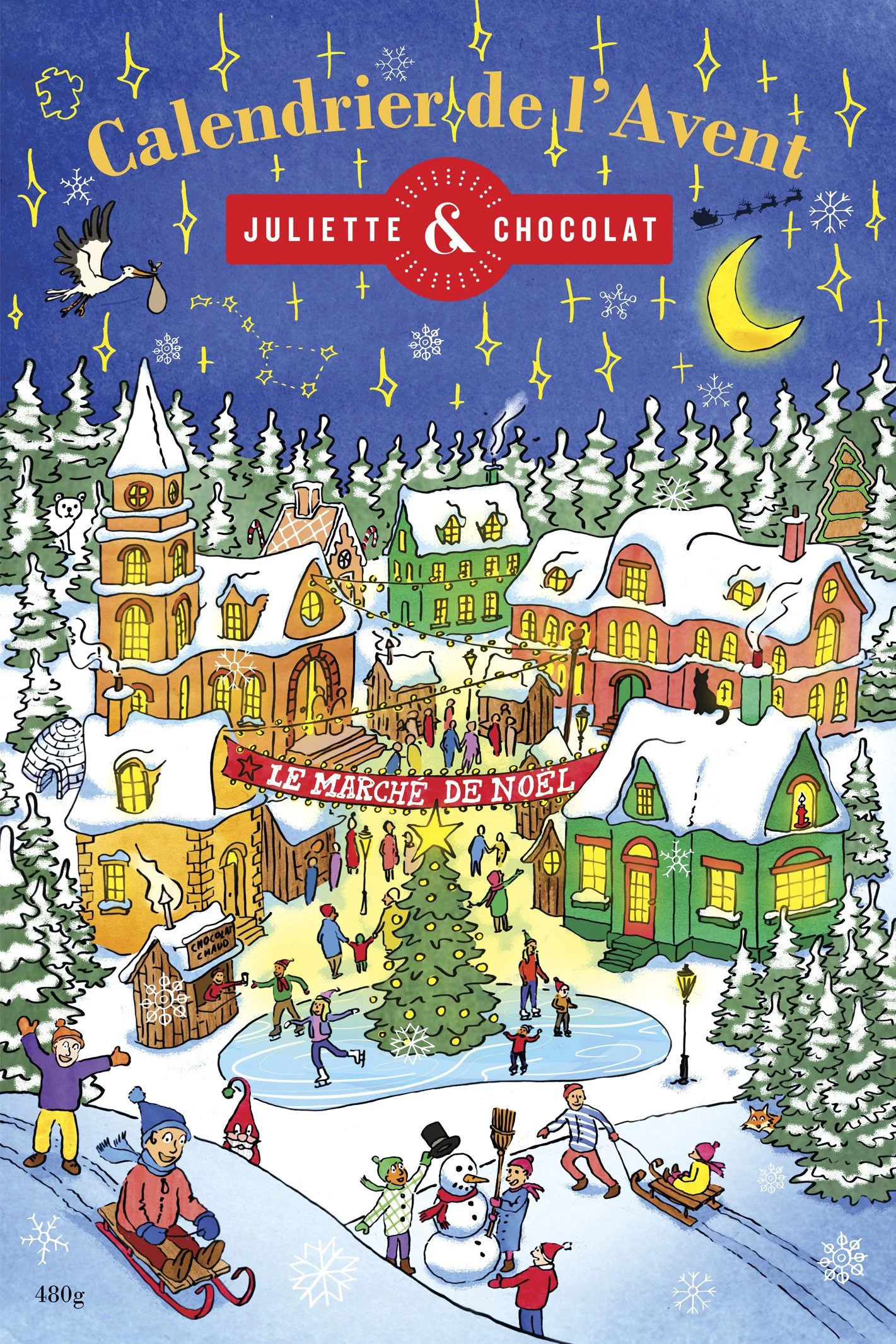 Juliette & Chocolat Advent Calendar, with an illustration of a Christmas town under a glowing moon. 