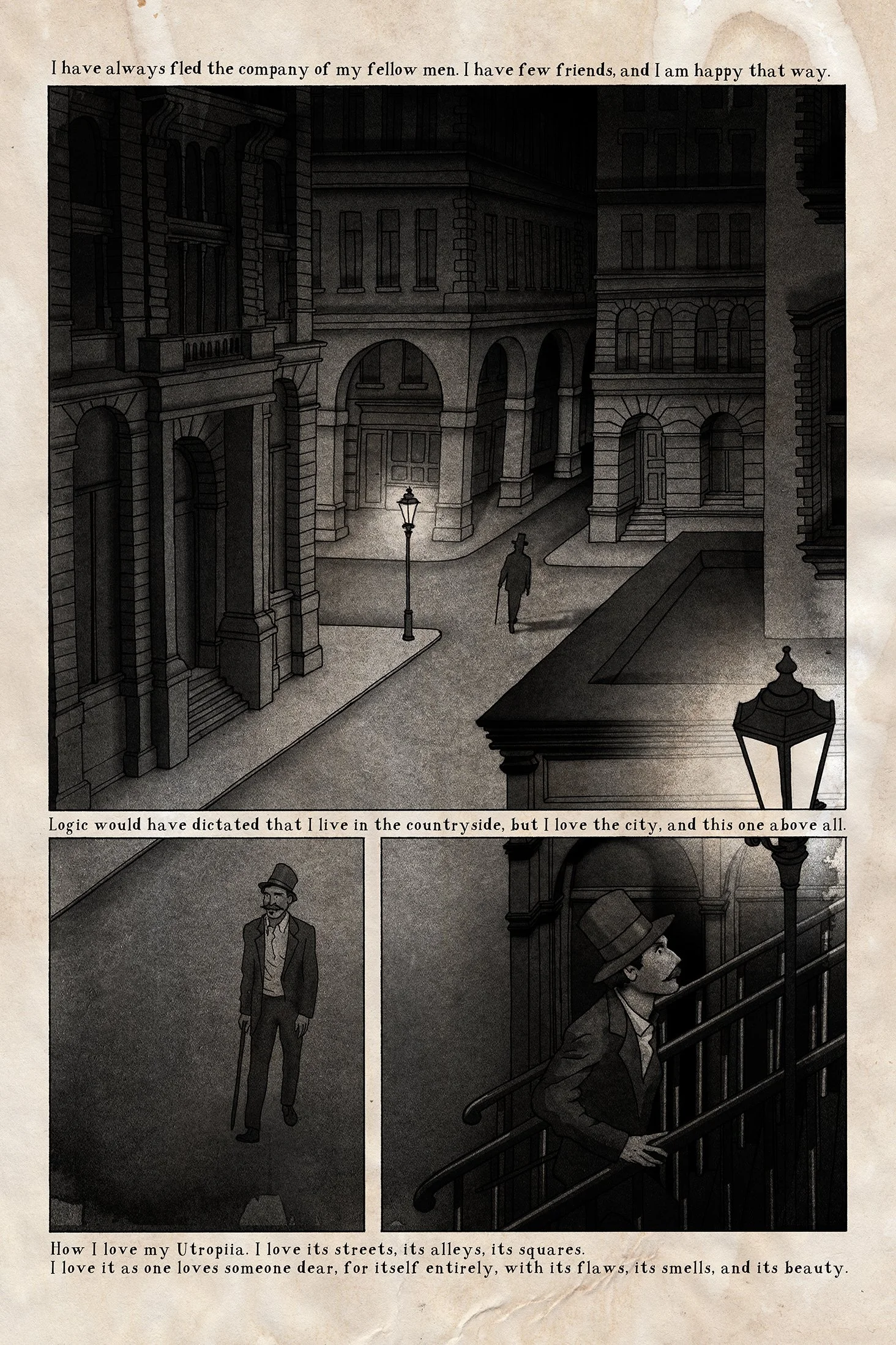 Comic book page showing a man walking alone in a moody city at night