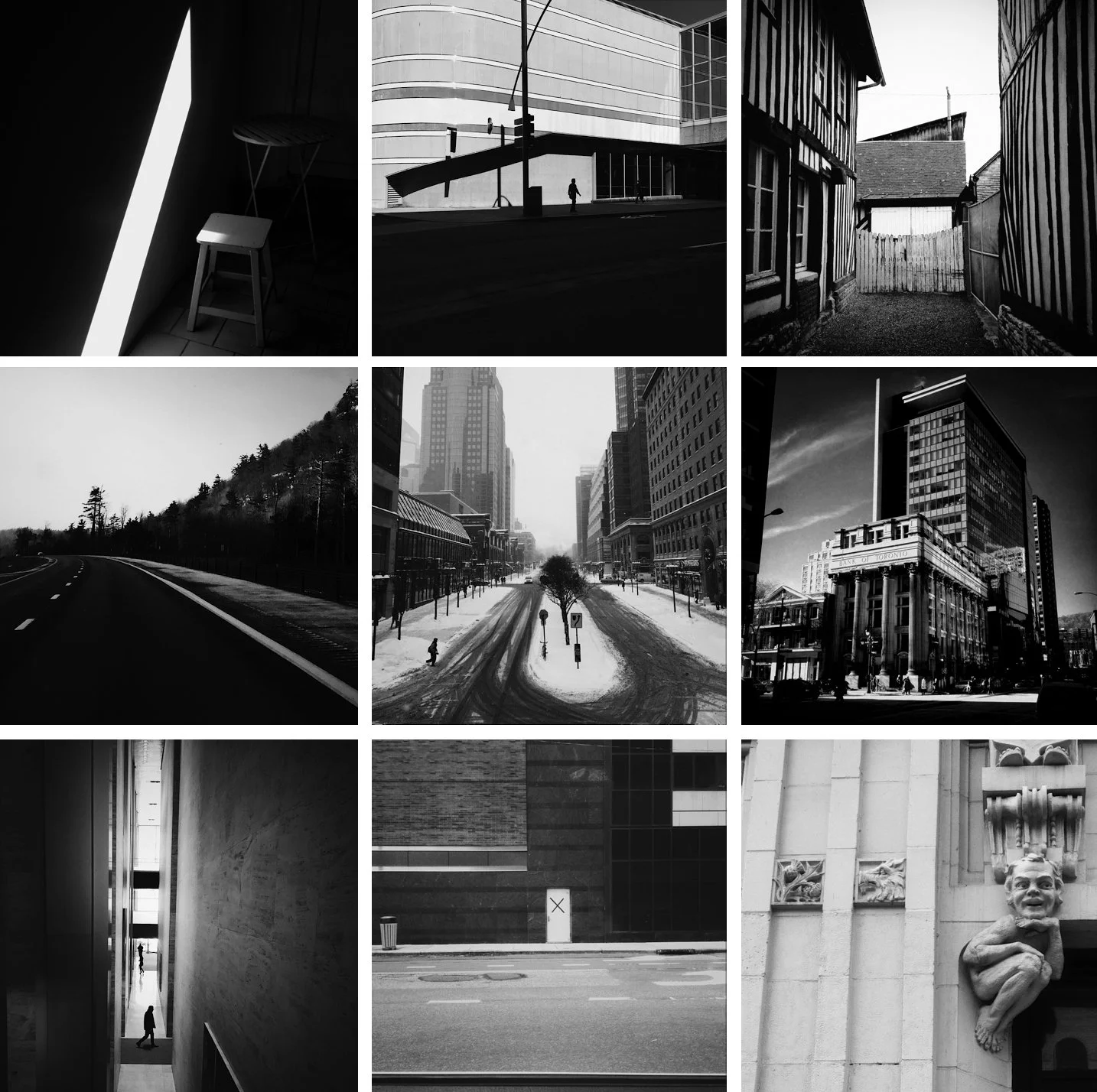 Black and white photot grid with architectural compositions, street views and sculptures 