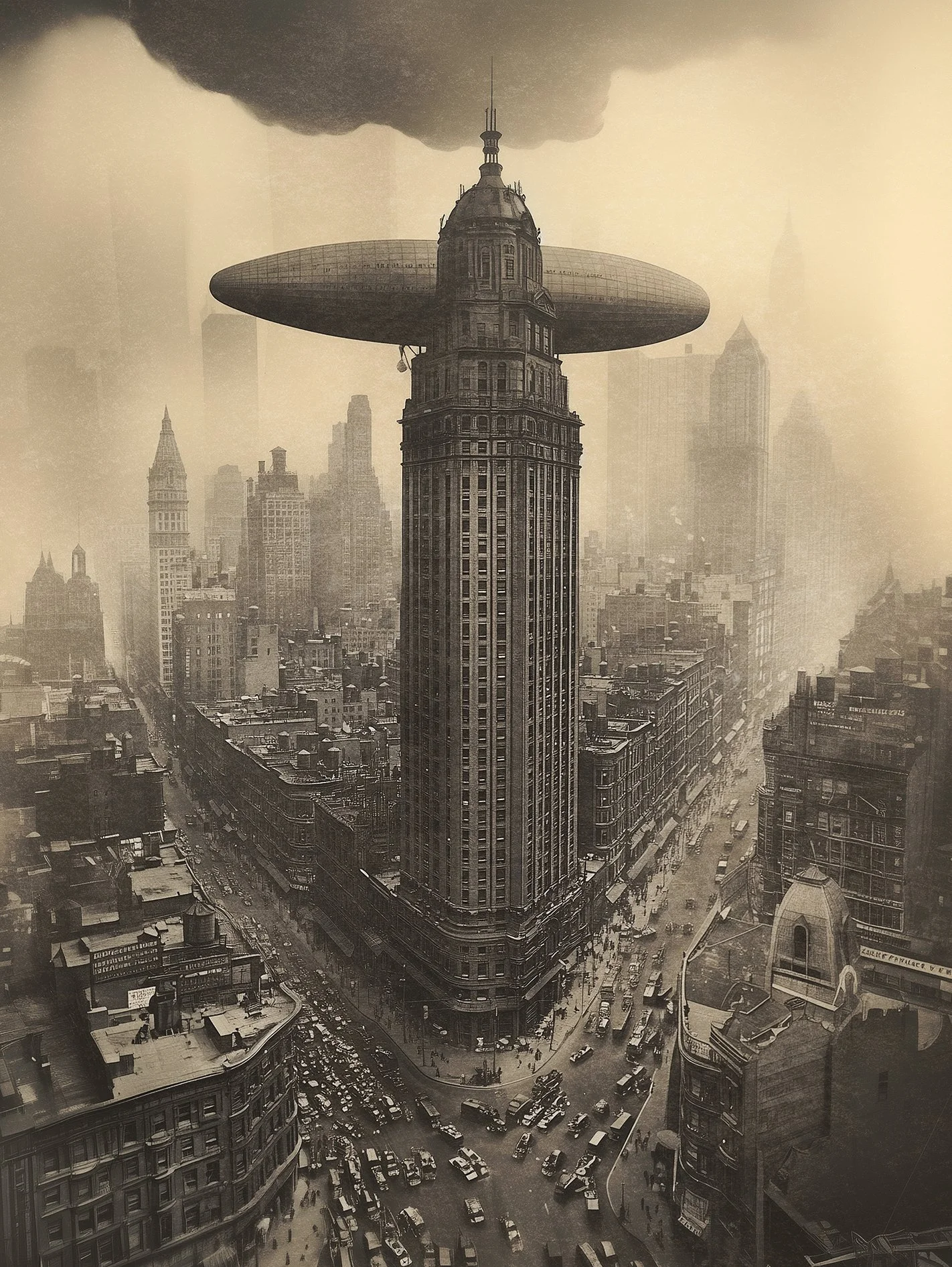 A Utropiian cityscape, with skyscraper and airship, retrofuturistic architecture