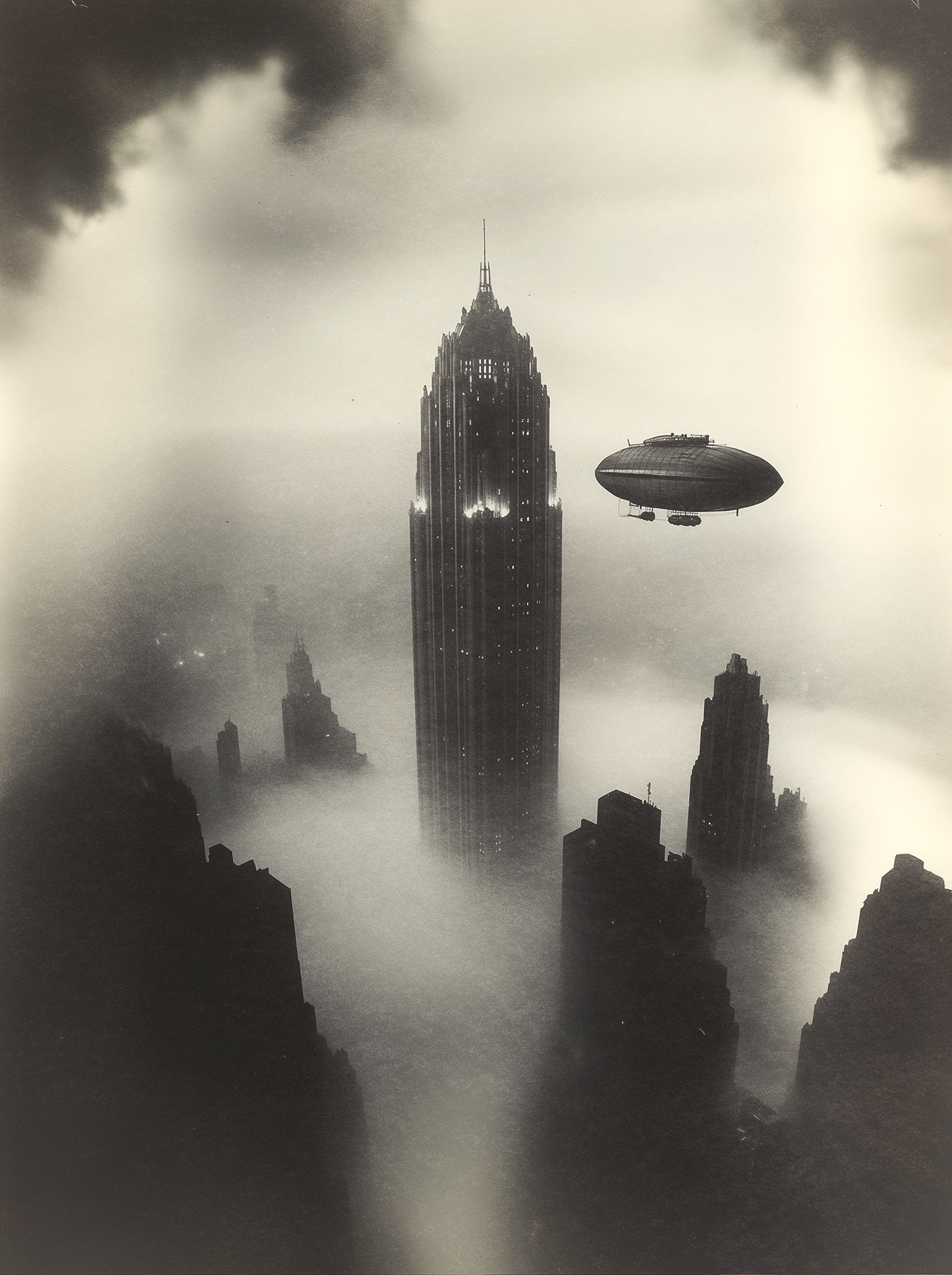 Vintage photo taken above Utropiia's Clouds, an airship prepares to berth on a skyscraper