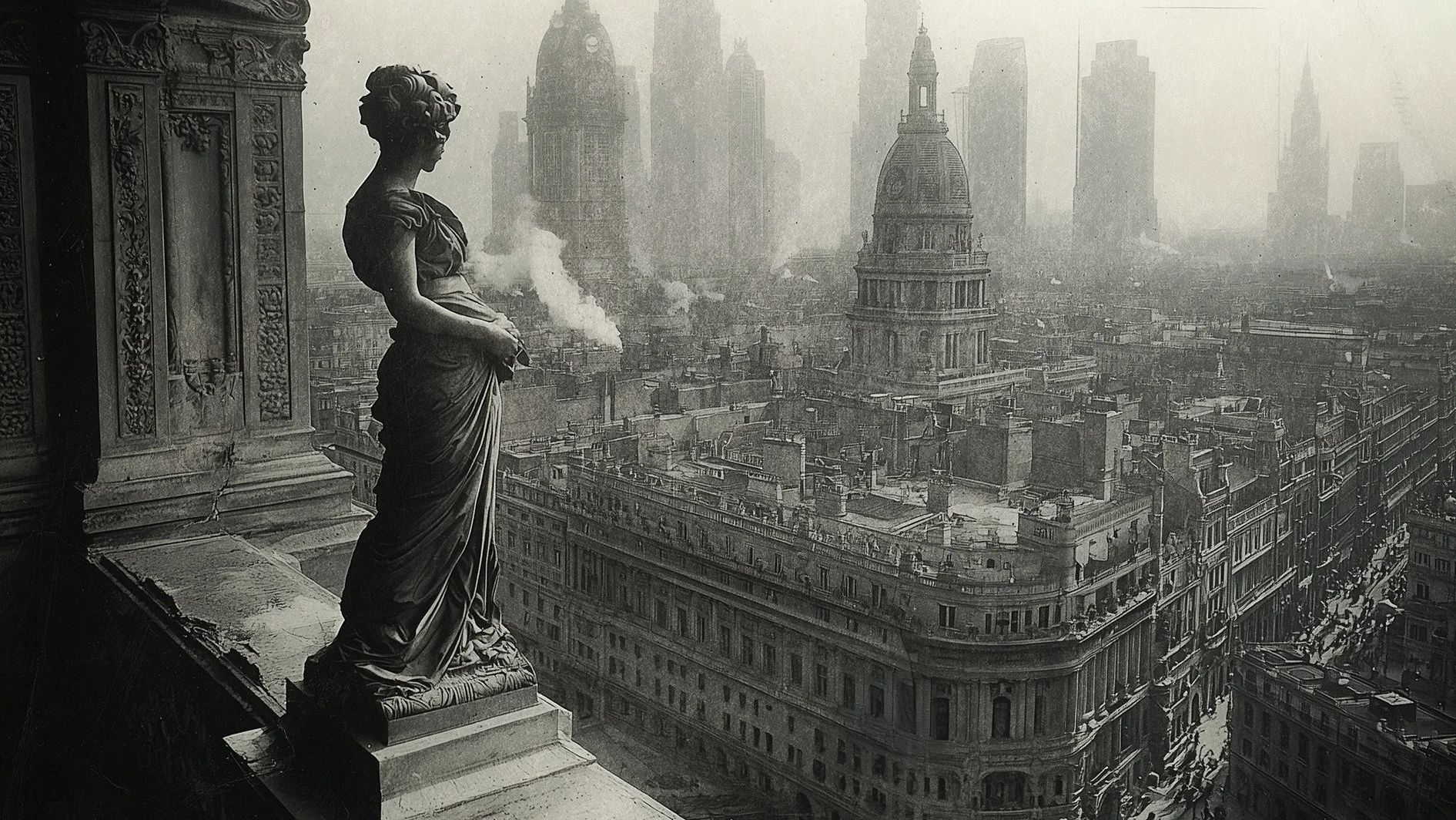 Vast retro citsycape of futuristic buildings with a statue in the foreground and skyscrapers in the distance