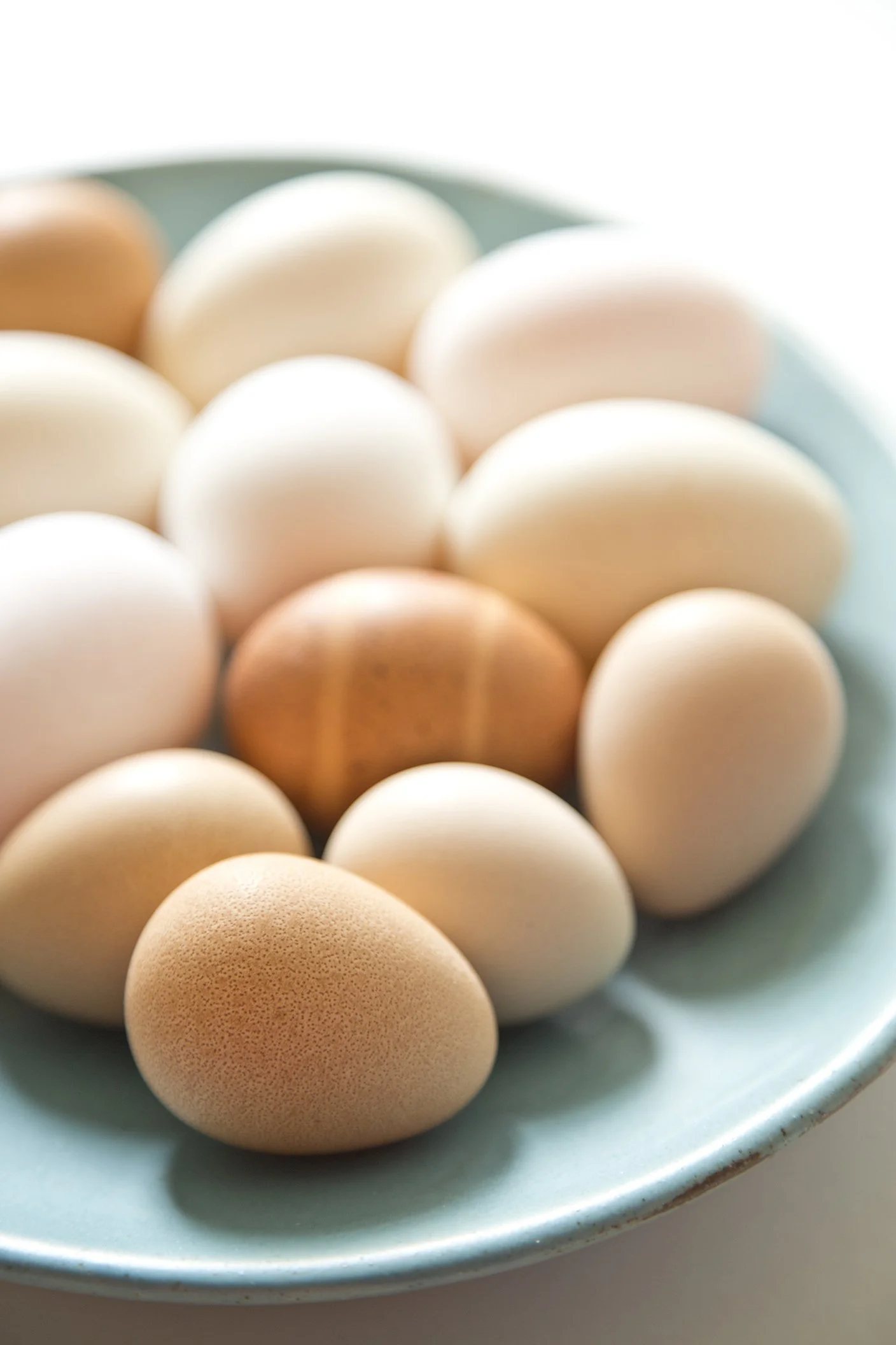 A blue serving plate of beige and white eggs, beautiful natural lighting in kitchen