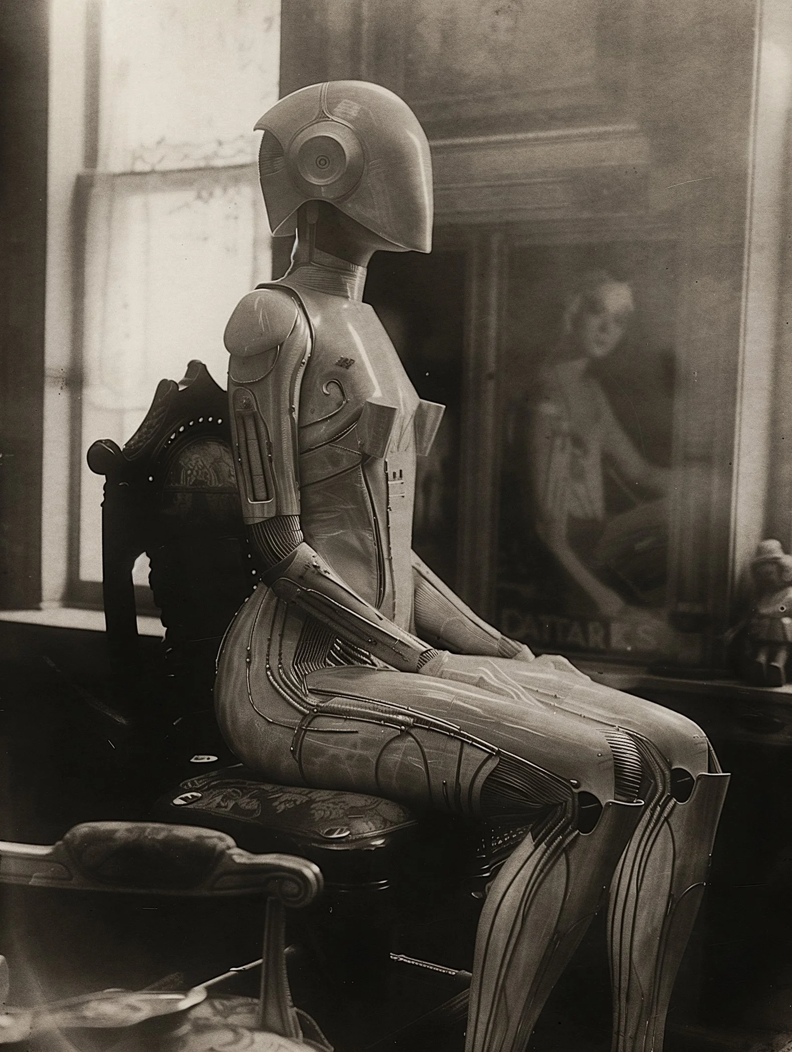A science fiction female robot sitting in a vintage black and white photo