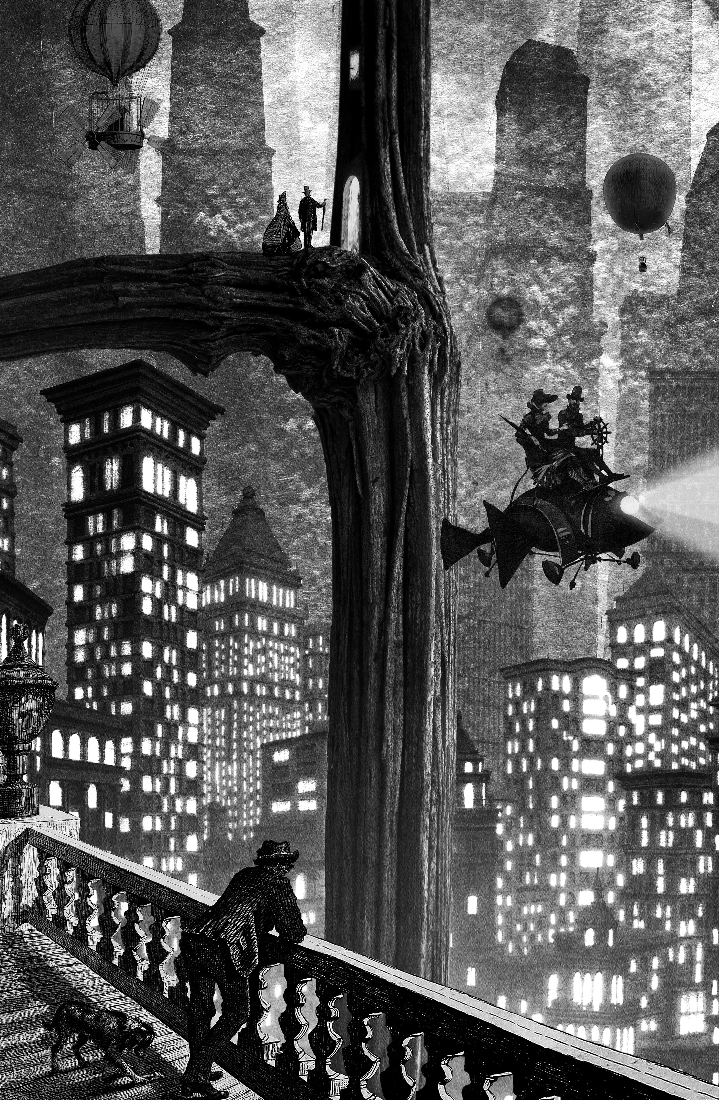 Architecture collage with fantastic cityscape assembled from photos and vintage illustrations, flying machines and sci-fi city