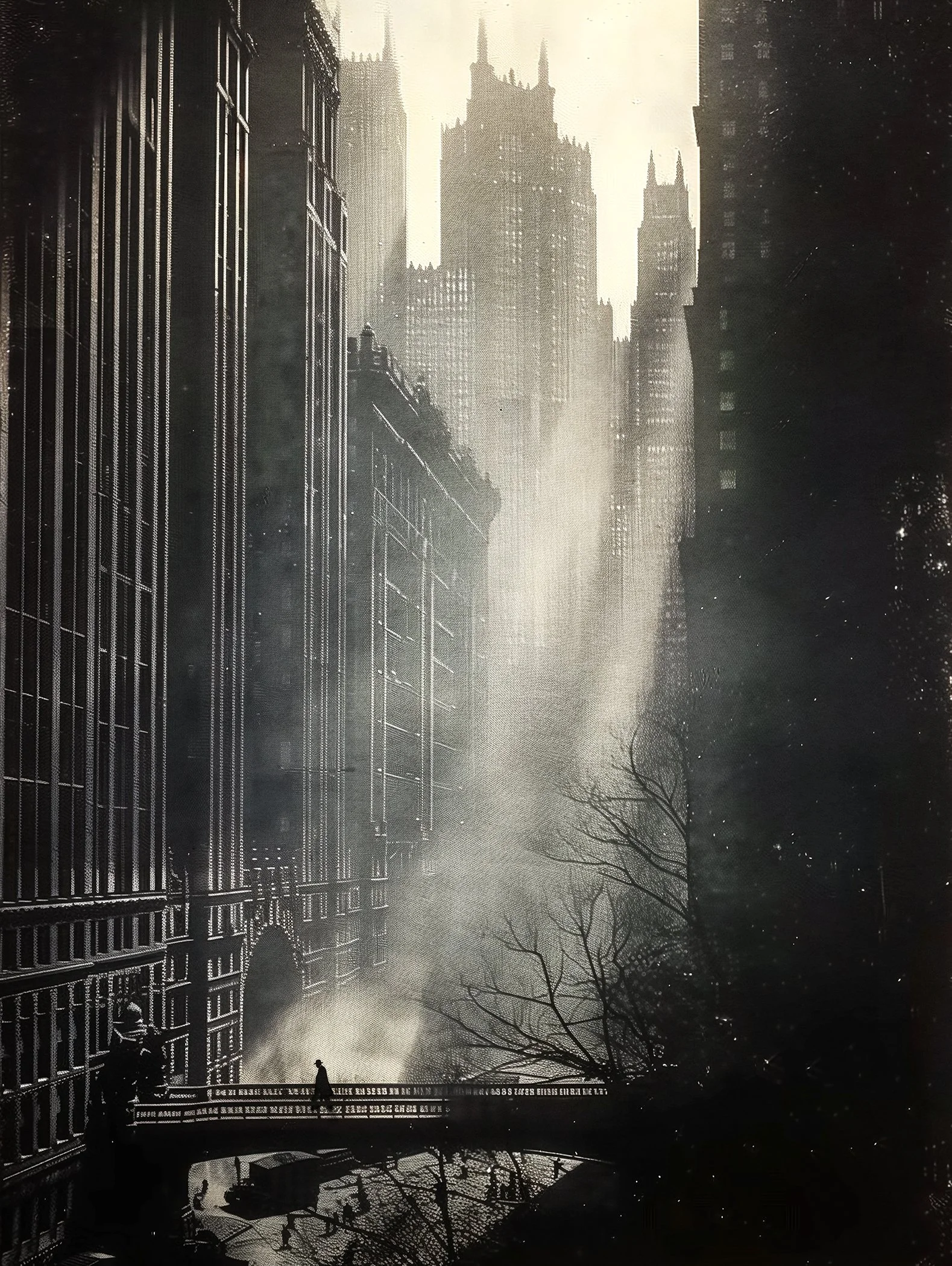 Canyons of buildings, moody futuristic city in black and white
