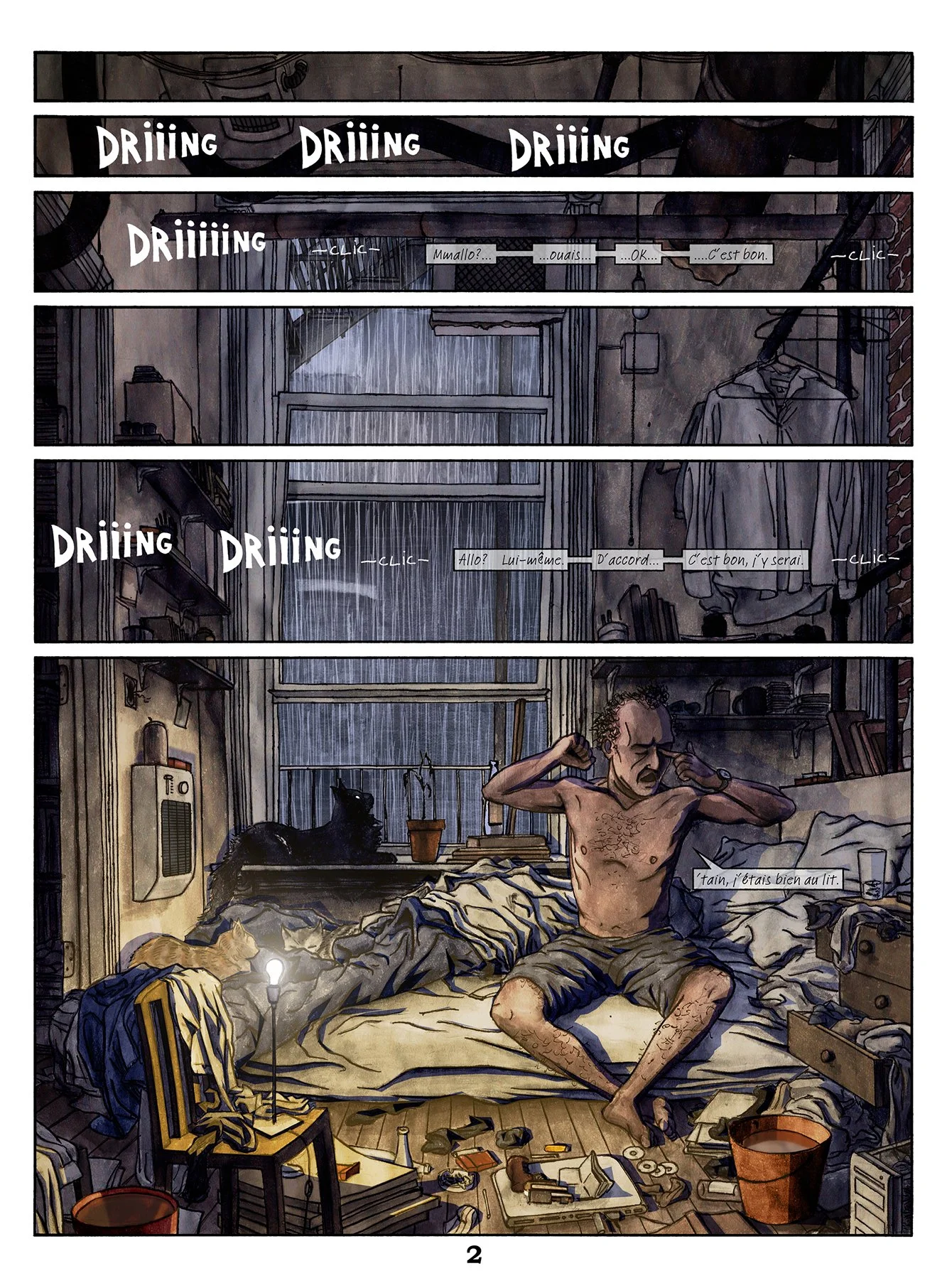 A full page graphic novel illustration, private detective waking up on rainy morning in a messy room, moody blue art