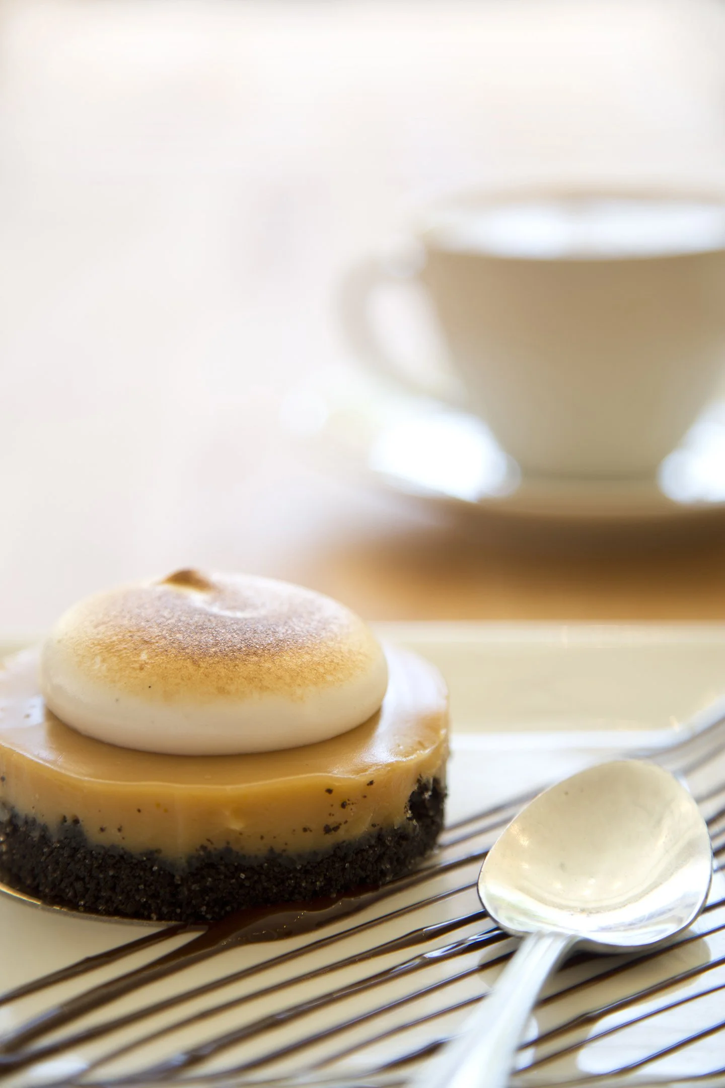 A round pastry with crunbly chocolate base and caramel layer on top, decorated with a roasted marshmallow, on plate drizzled with chocolate