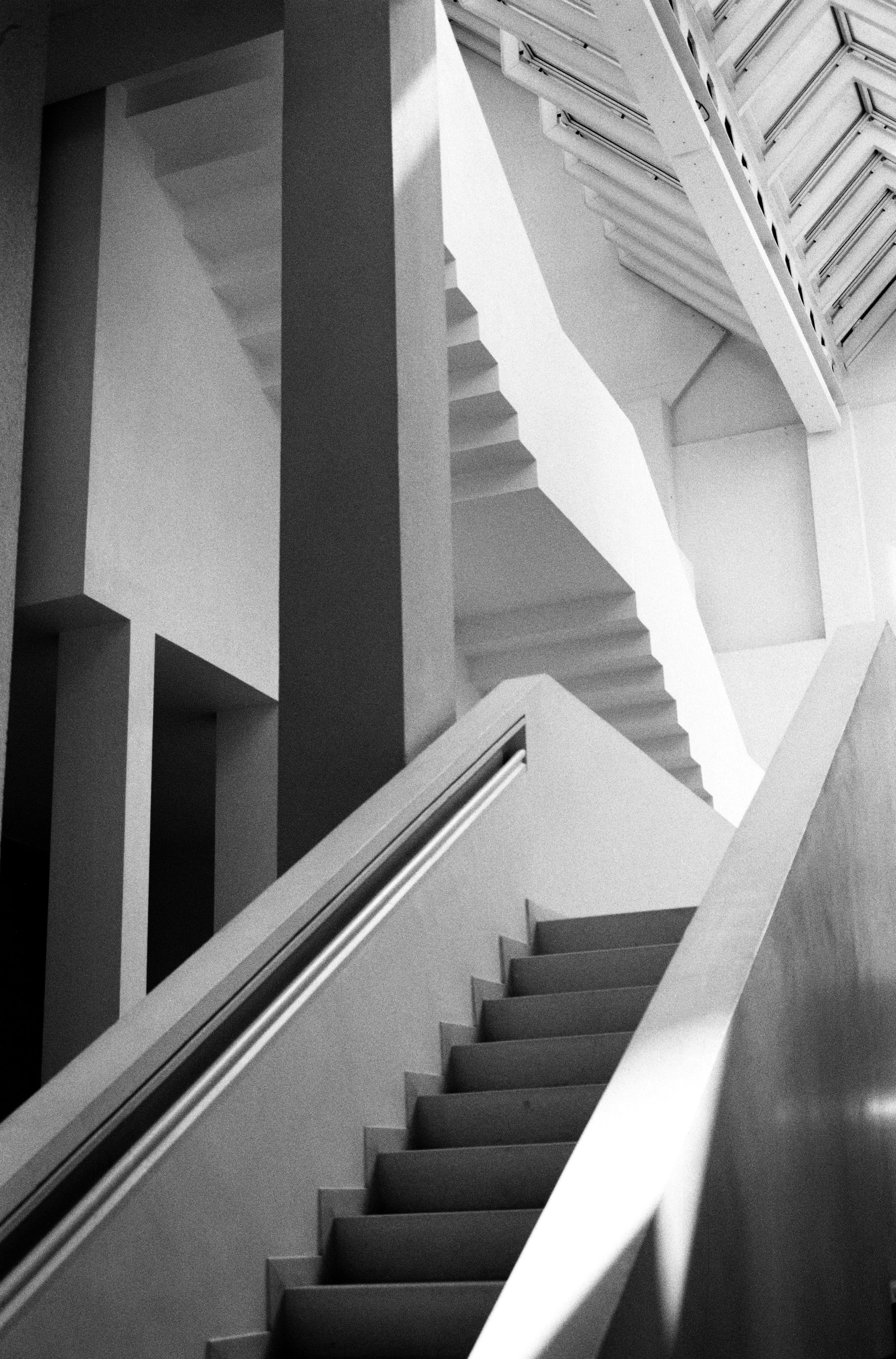 Staircase with dramatic lighting, black and white fine art photo, taken in Barcelona, spain. 