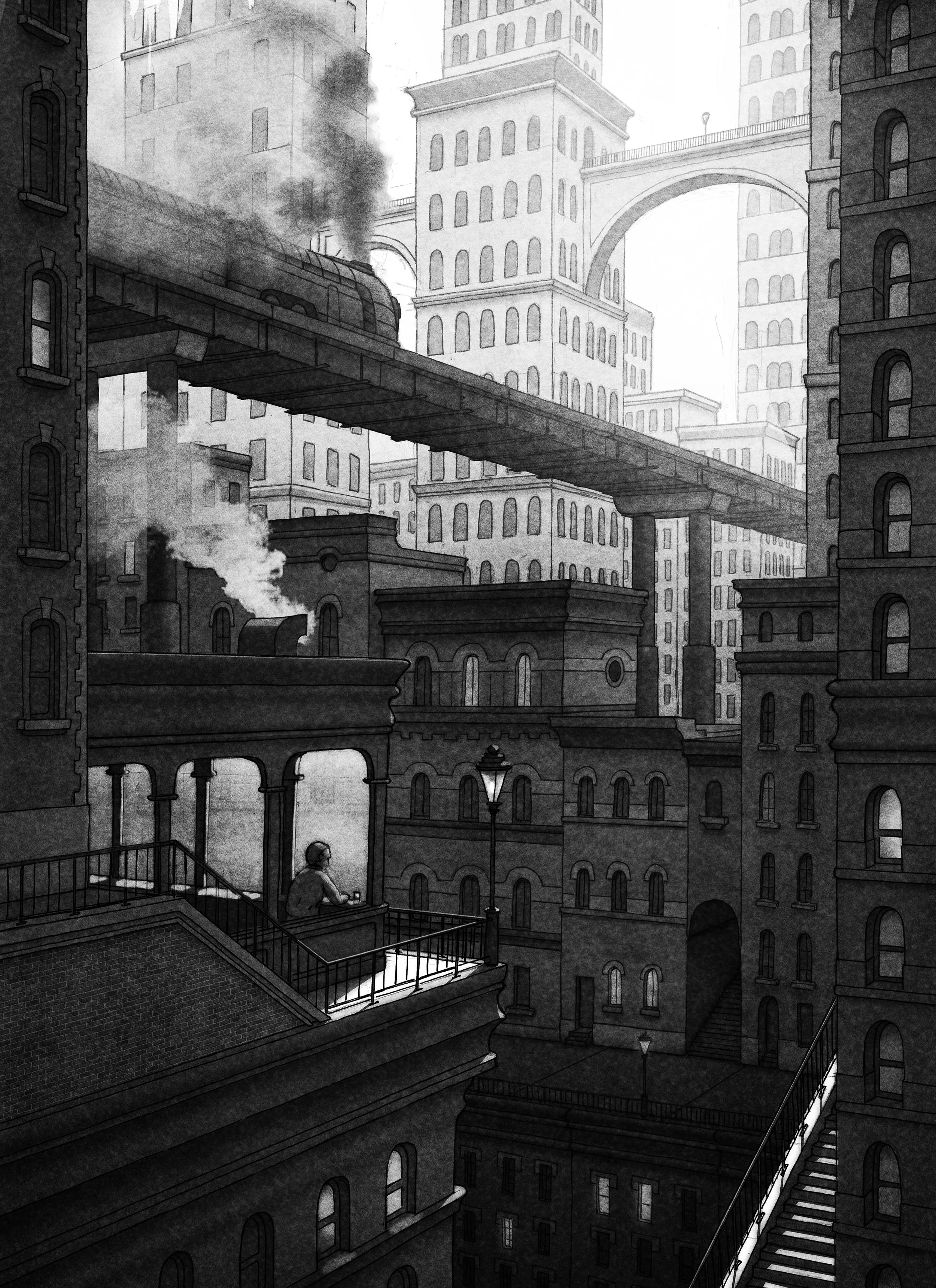 Architecture fantasy illustration, a view of the city of Utropiia, skyscrapers and bridges in a retro future city without end, black and white vintage art.