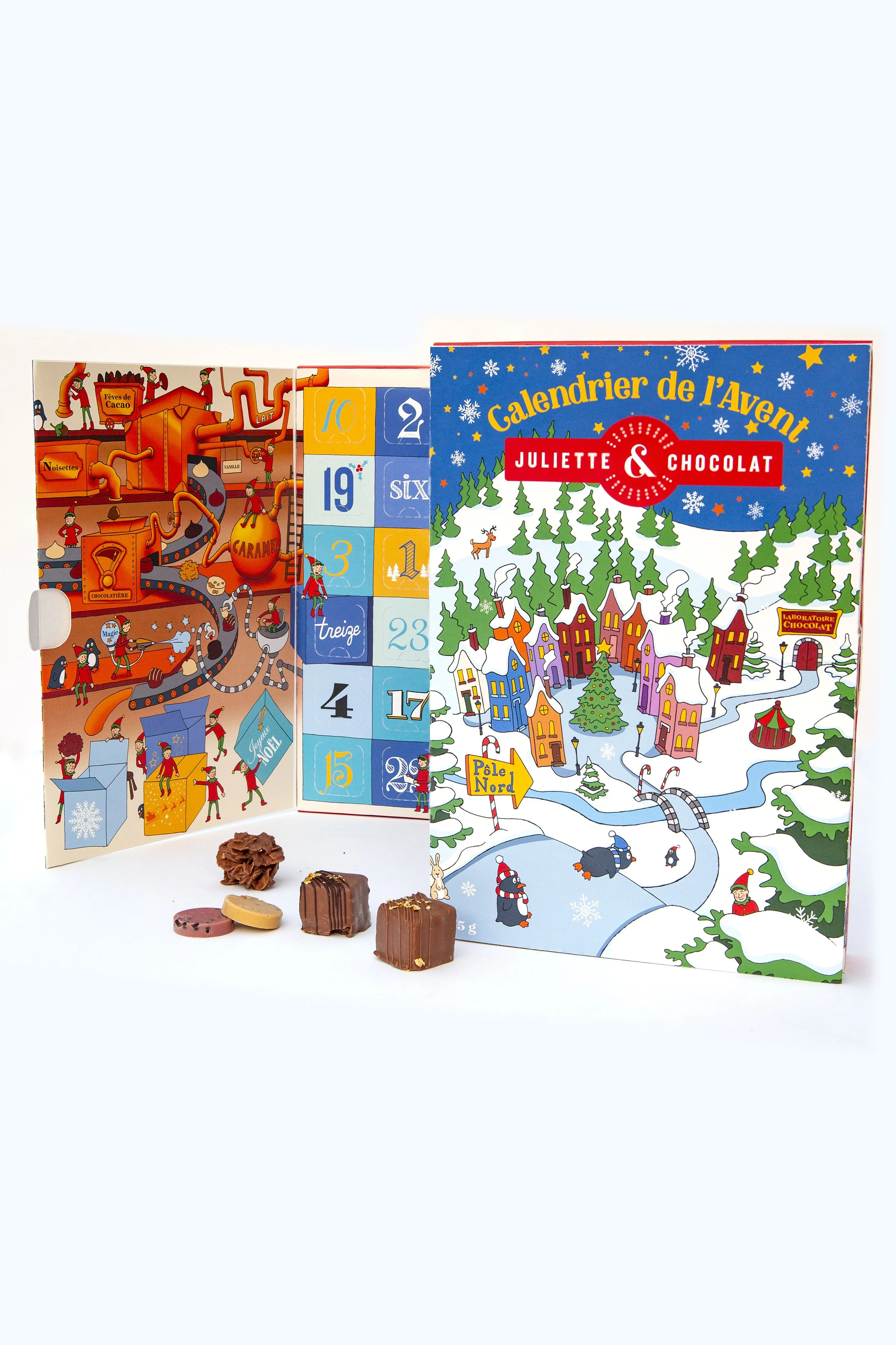 Chocolate Advent Calendars with crunchy chocolates displayed in front and colorful illustrated boxes. 