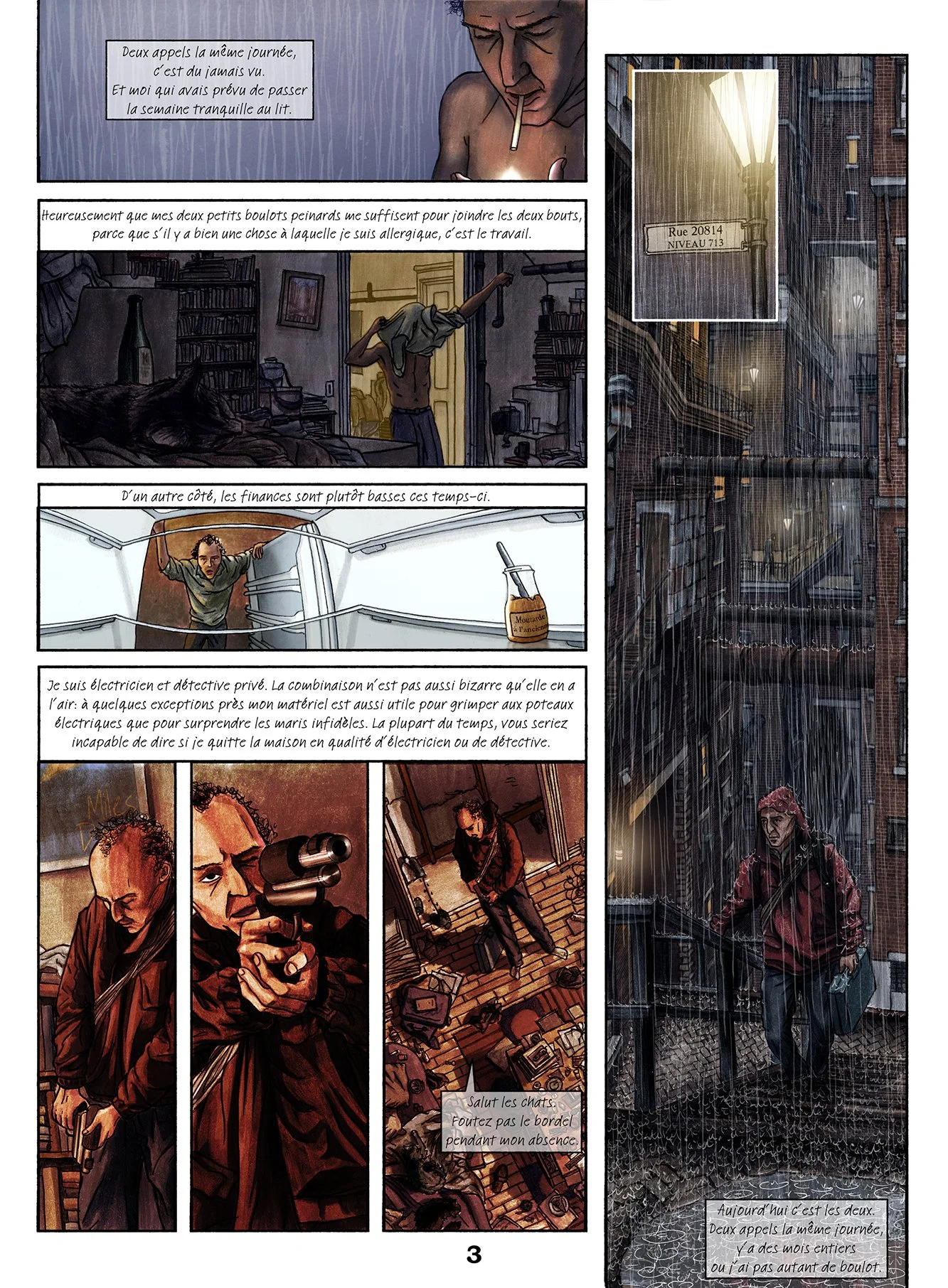 A comic book page showing a private detective in a future city getting ready for work and testing his gun