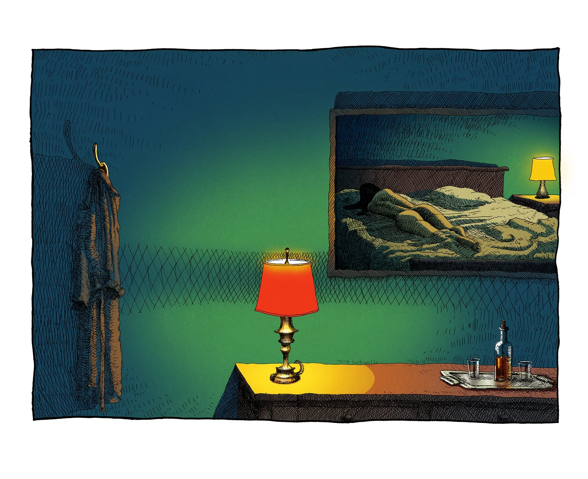 Colorful illustration, moody scene in a green room with nightlamp and woman lying in bed, seen in mirror