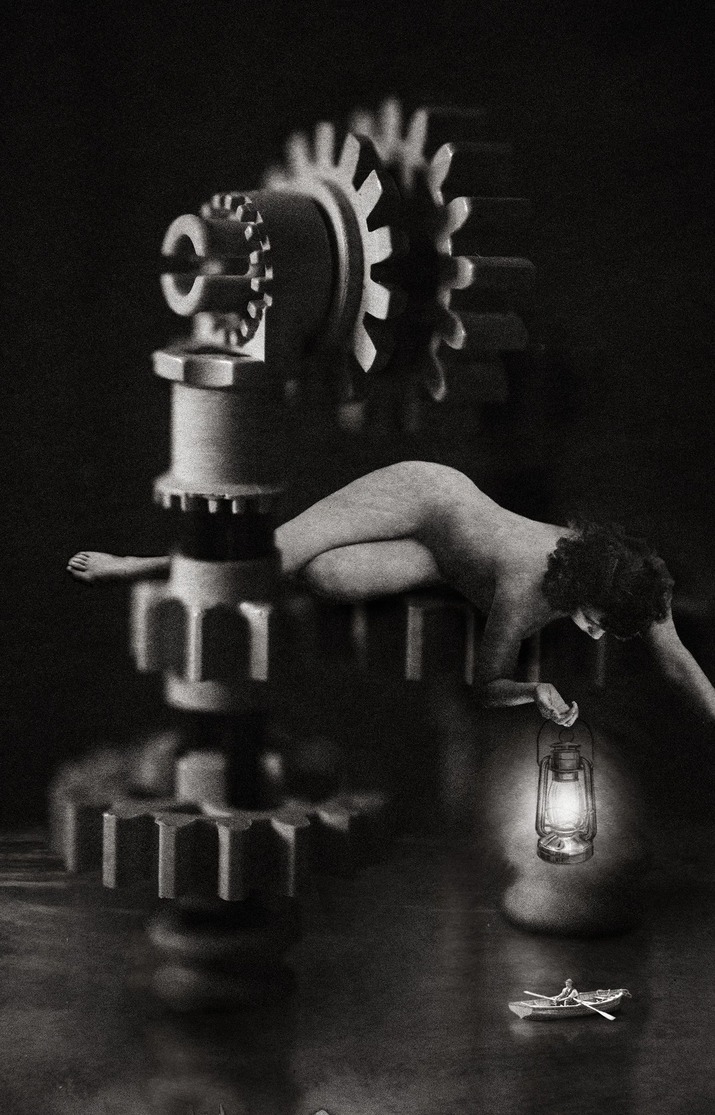 Surreal photo collage, moody night scene made from old photos and engravings, bizarre and dreamlike