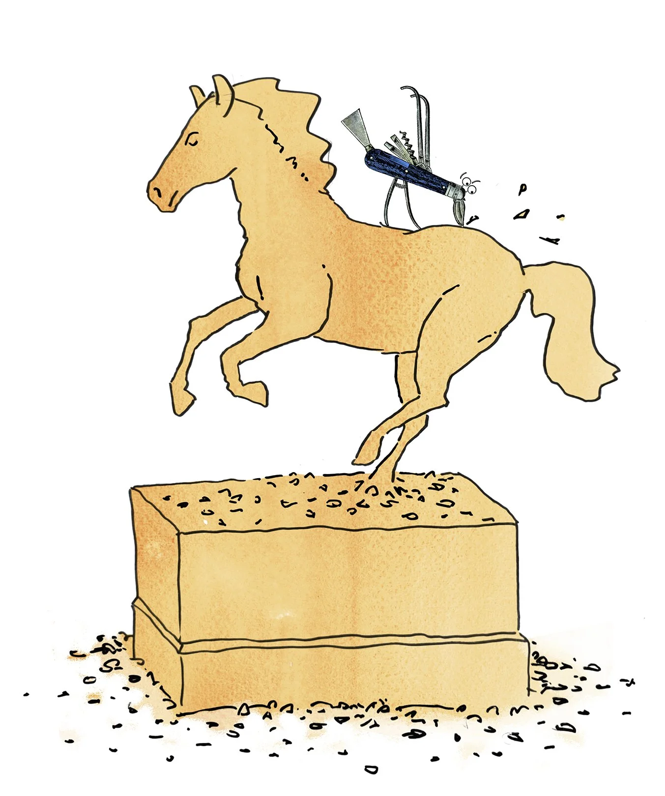 A mechanical bird carving a large horse statue in an illustration from a children's book