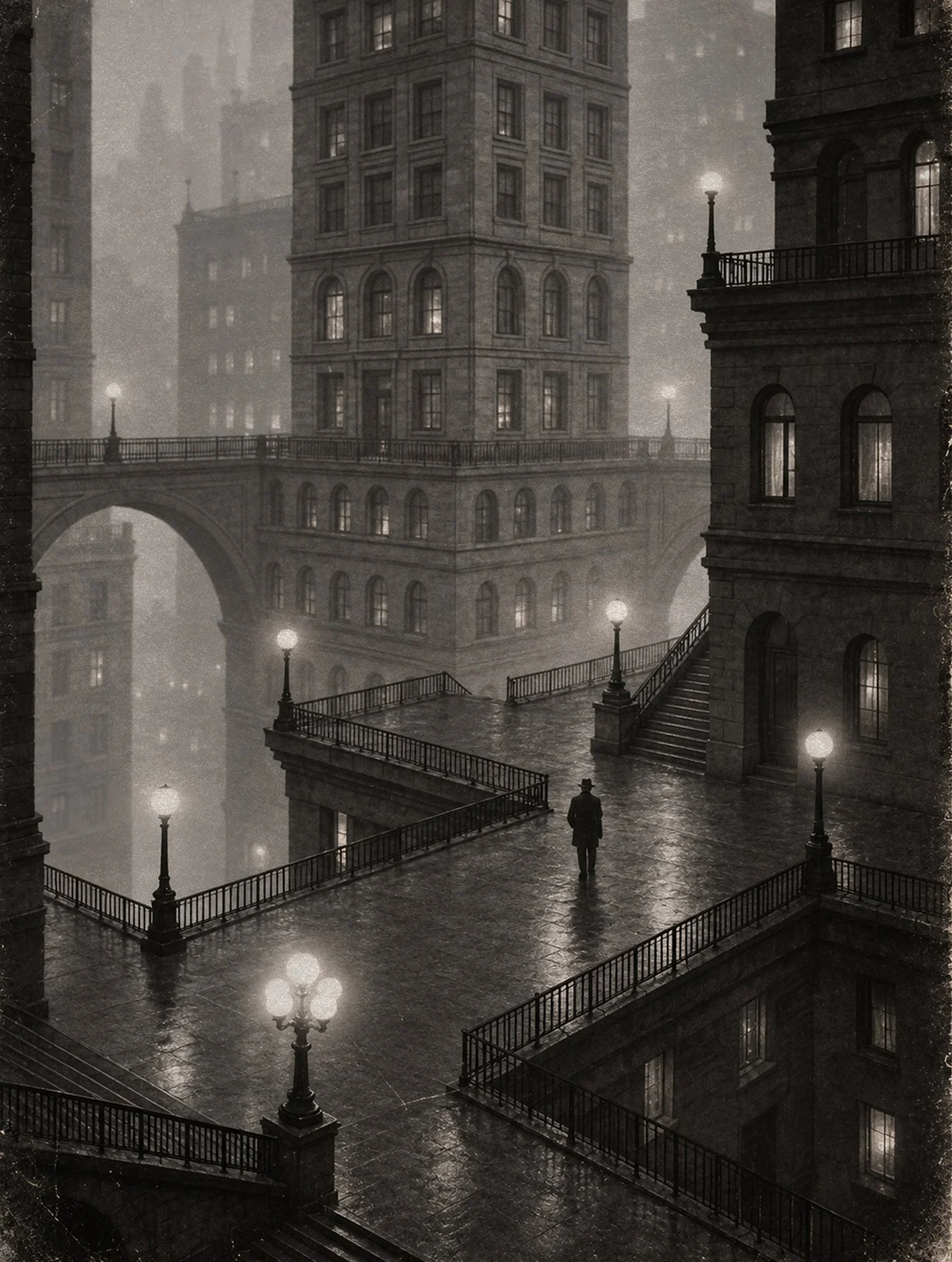 Cityscape in moody black and white, with futuristic buildings