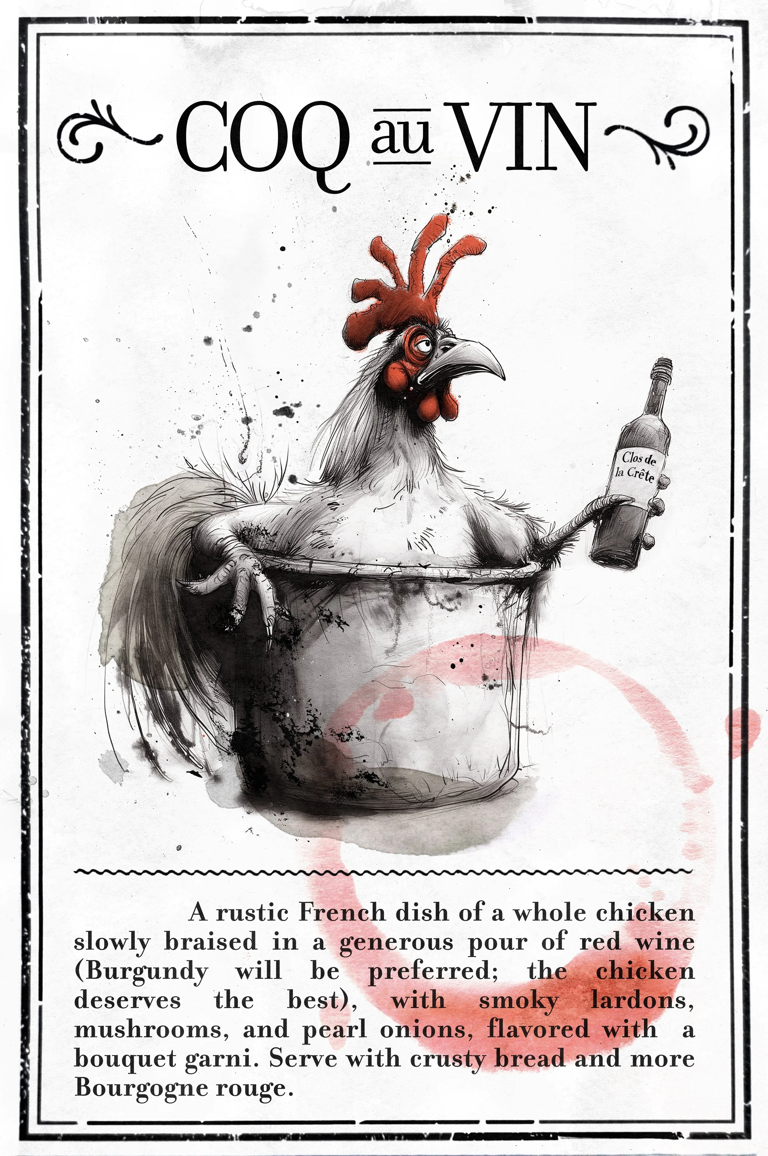 Illustration of a Coq au Vin recipe, rough and sketchy style, humorous drawing of a chicken cooking in a pot. 