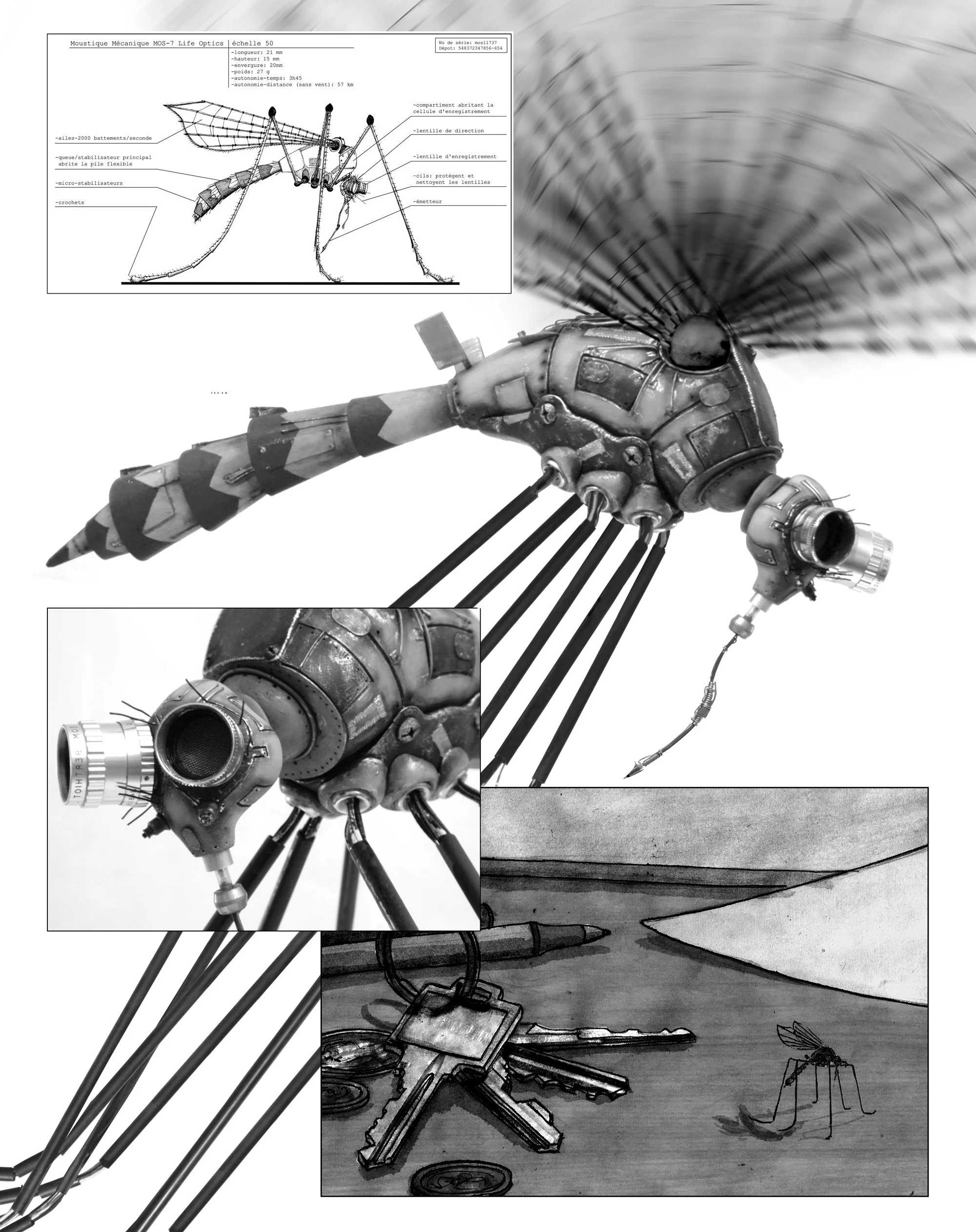 A concept design for a flying mechanical mosquito including blueprints and scale models
