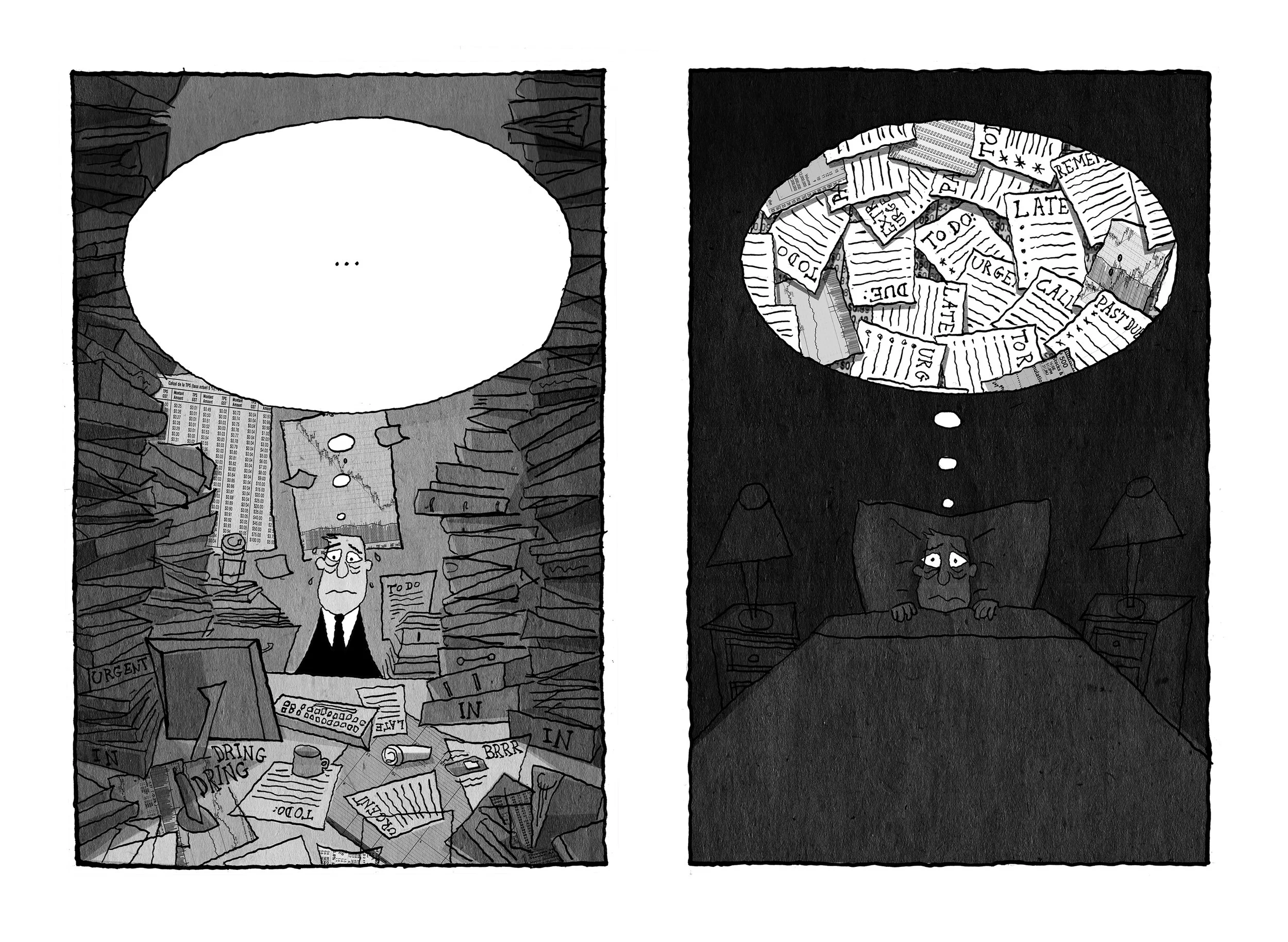 Cartoon showing the daily routine of a cute character, satirical black and white drawing about work life balance