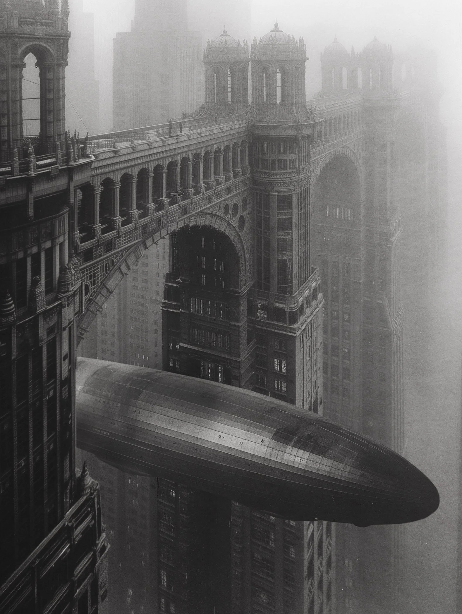 An airship navigates Utropiia's canyons, sci-fi city from a future that never was.
